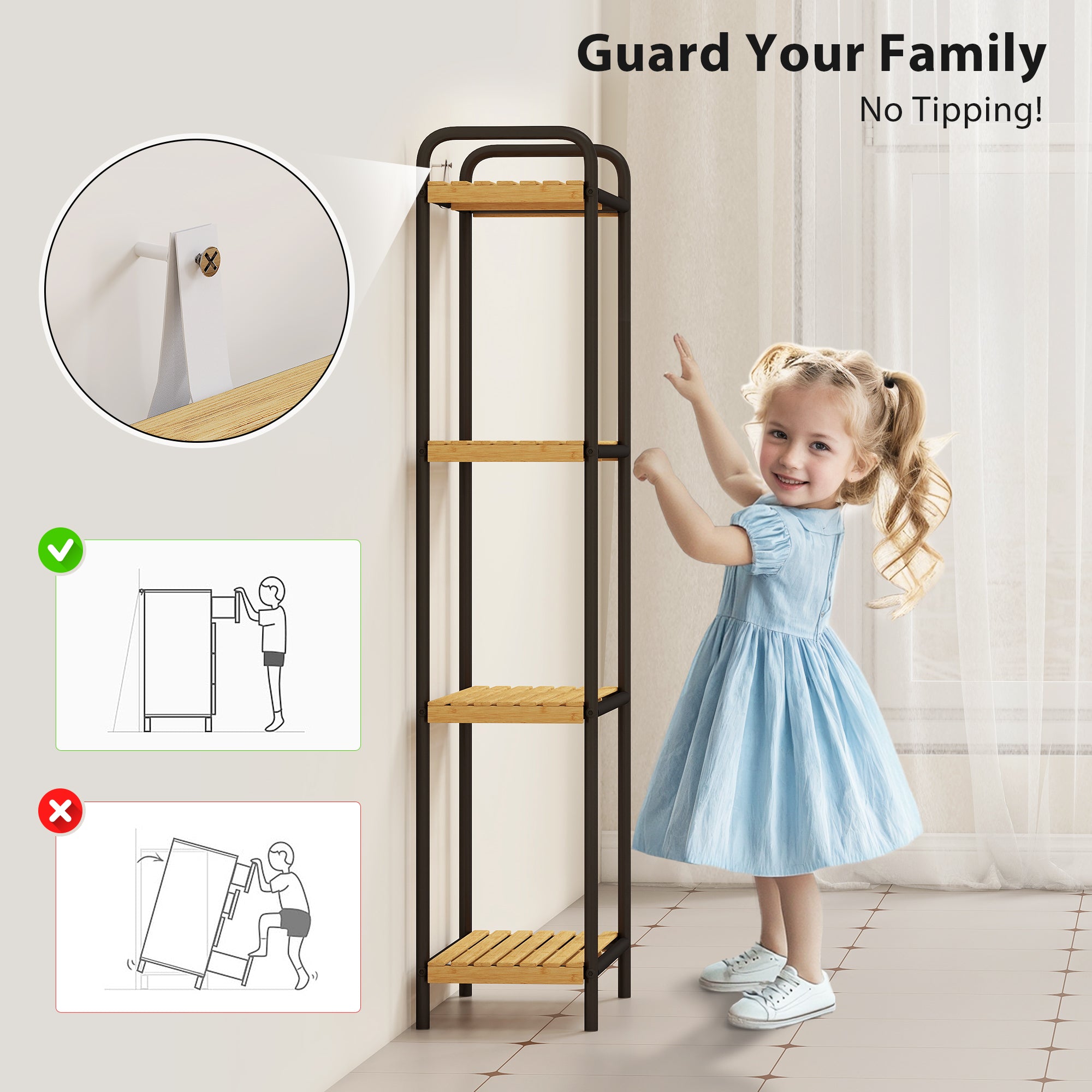 Kozy - 4-Tier Bamboo Bathroom Storage Shelf, Freestanding Narrow Shelving Unit with Slatted Shelves for Kitchen Bathroom Living Room, 41.5 x 21.5 x 106 cm, Natural and Black