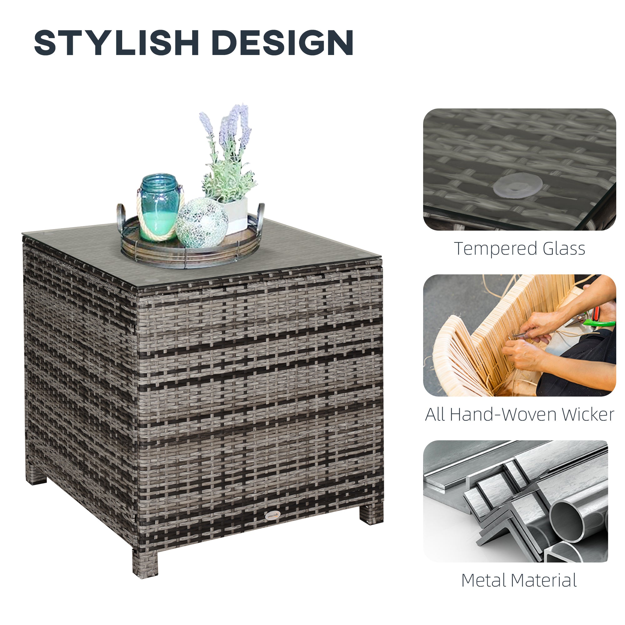 Kozy Square PE Rattan Garden Table, with Glass Table Top - Grey