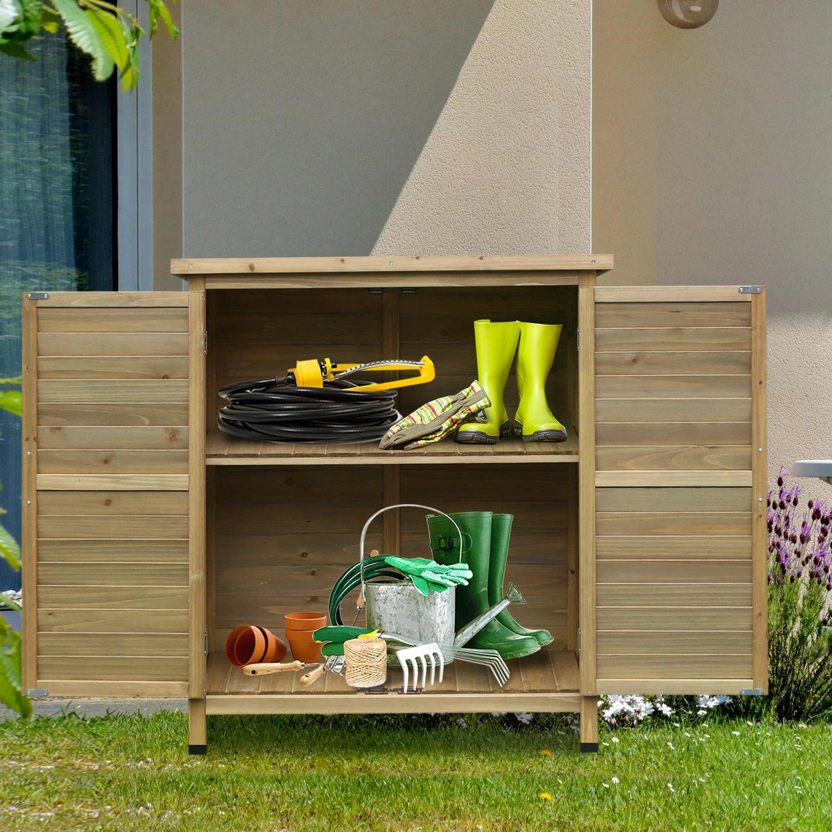 Outsunny Garden Storage Unit Solid Fir Wood Garage Organisation Sturdy Cabinet Outdoor