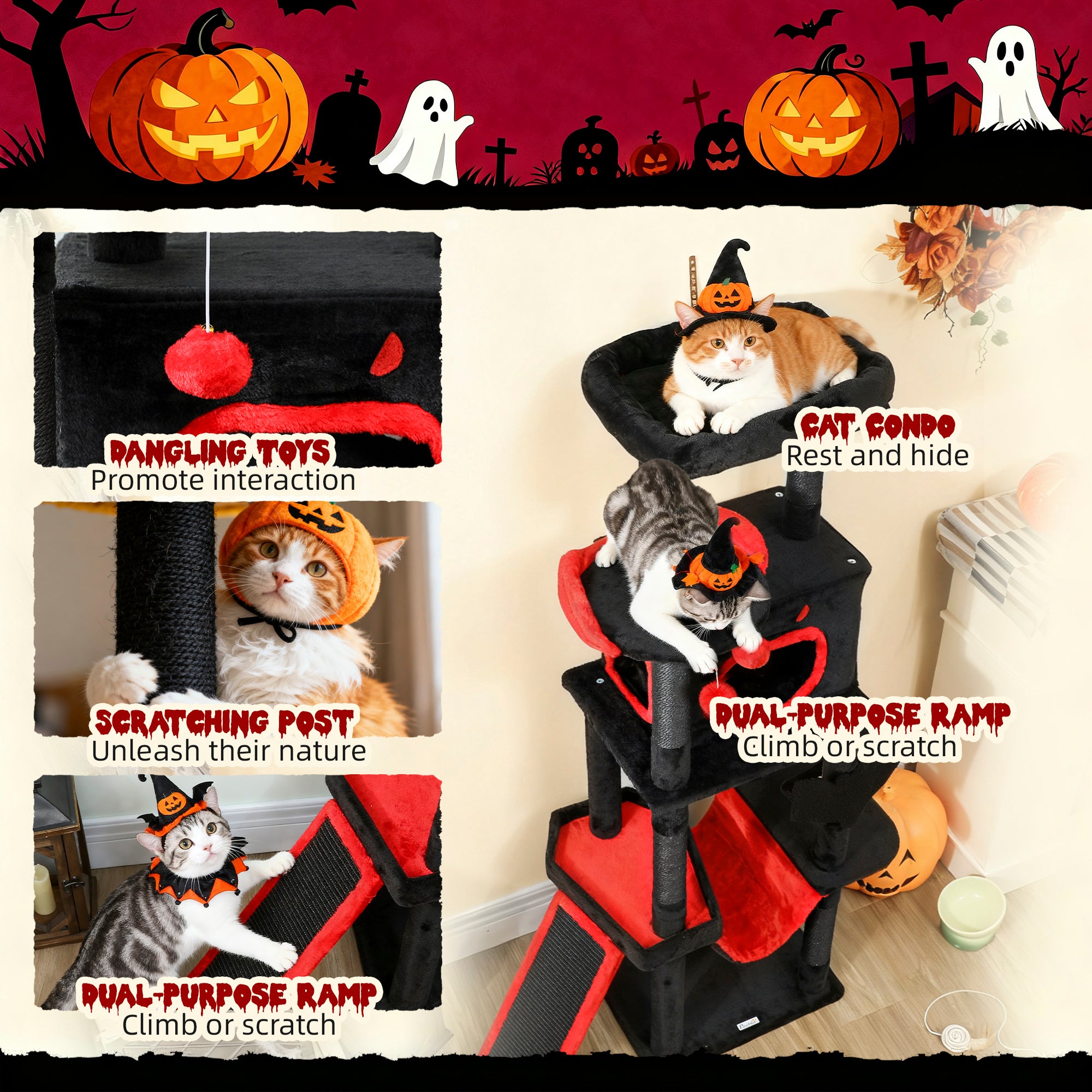 Kozy - Gothic Cat Tree, 152 cm Multi-Level Cat Tower for Large Cats with Coffin Bed, Large Condo, for Halloween