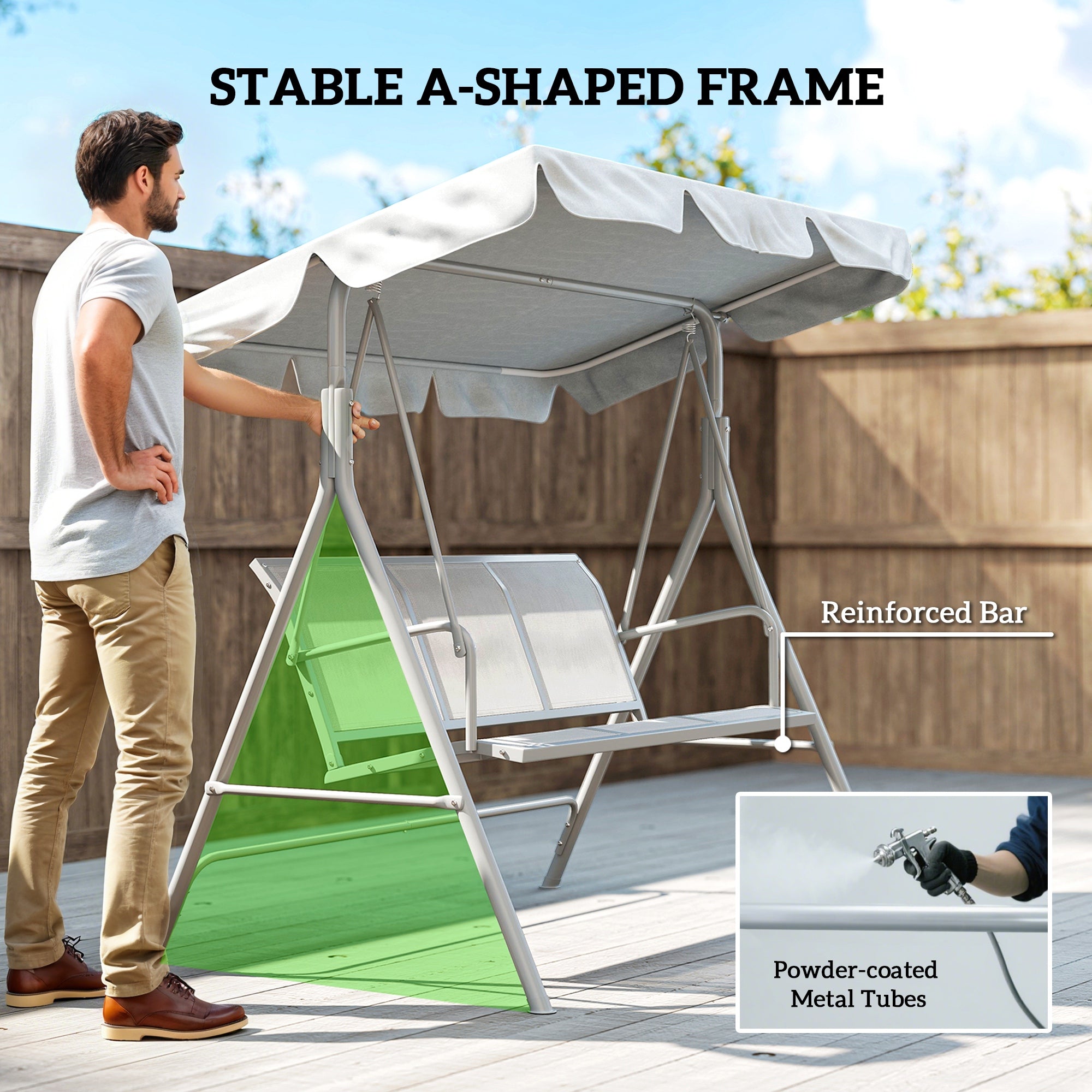 Kozy Metal Garden Swing Chair, 3-Seater Swing Seat, Patio Hammock Bench Canopy Lounger, Light Grey