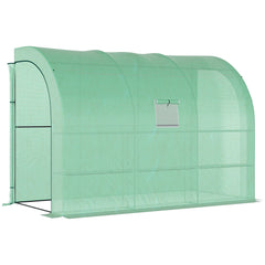 Kozy Walk-In Lean to Greenhouse with Windows and Zippered Doors, 2 Tiers 6 Wired Shelves 300L x 150W x 213Hcm Green