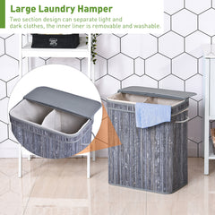 HOMCOM 100L Wooden Laundry Basket w/ Split Compartment Lid Removable Lining Handles Air Holes Ventilation Durable Water