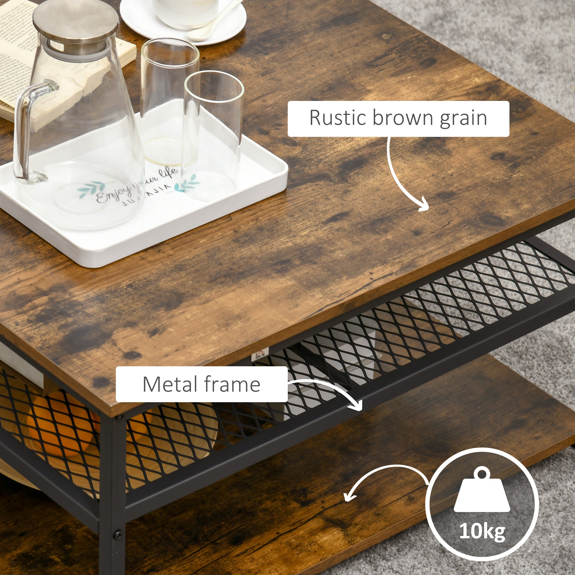 HOMCOM Industrial Coffee Table: Square Cocktail Table with 3-Tier Shelves, Rustic Brown for Living Room | Aosom UK