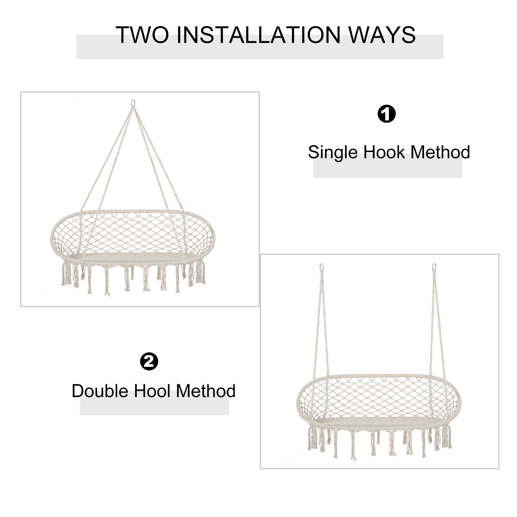 Kozy Hanging Hammock Chair Cotton Rope Porch Swing with Metal Frame, Large Macrame Seat for Patio, Garden, Bedroom, Living Room, Cream White