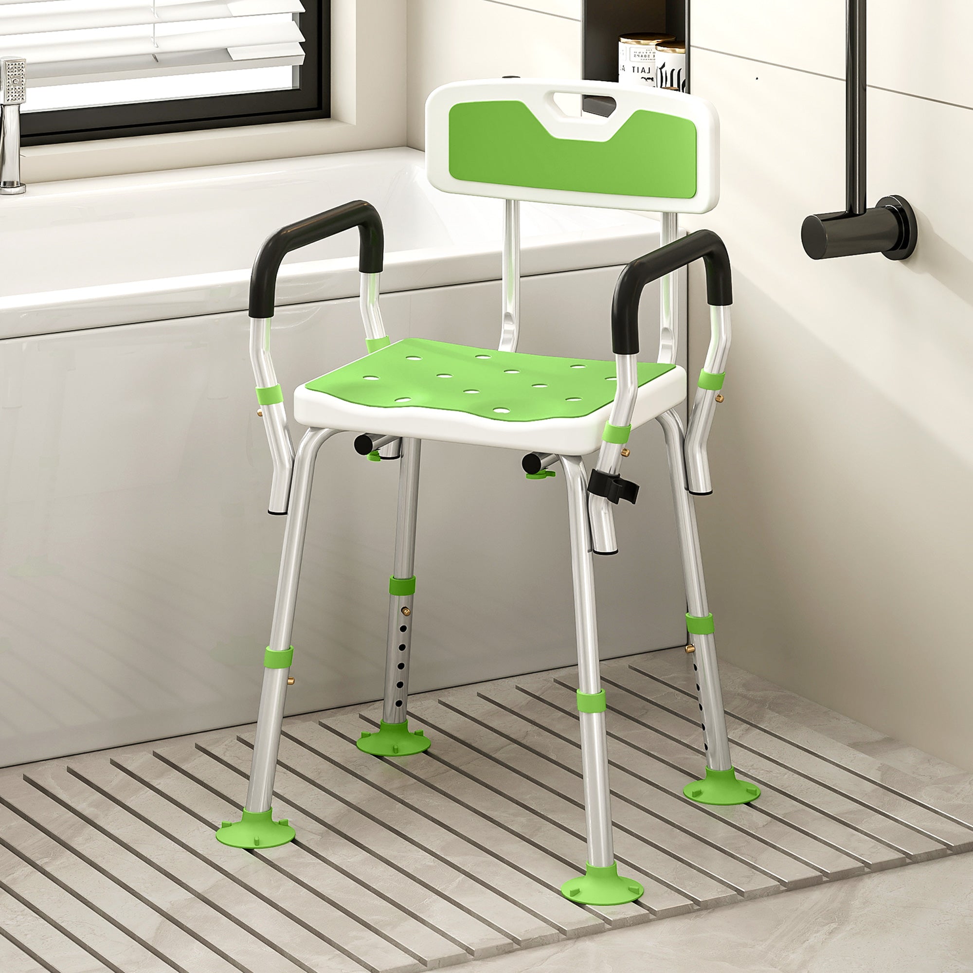 Kozy - EVA Padded Shower Chair for the Elderly and Disabled, Height Adjustable Shower Stool with Back and Arms, 4 Suction Foot Pads, Green