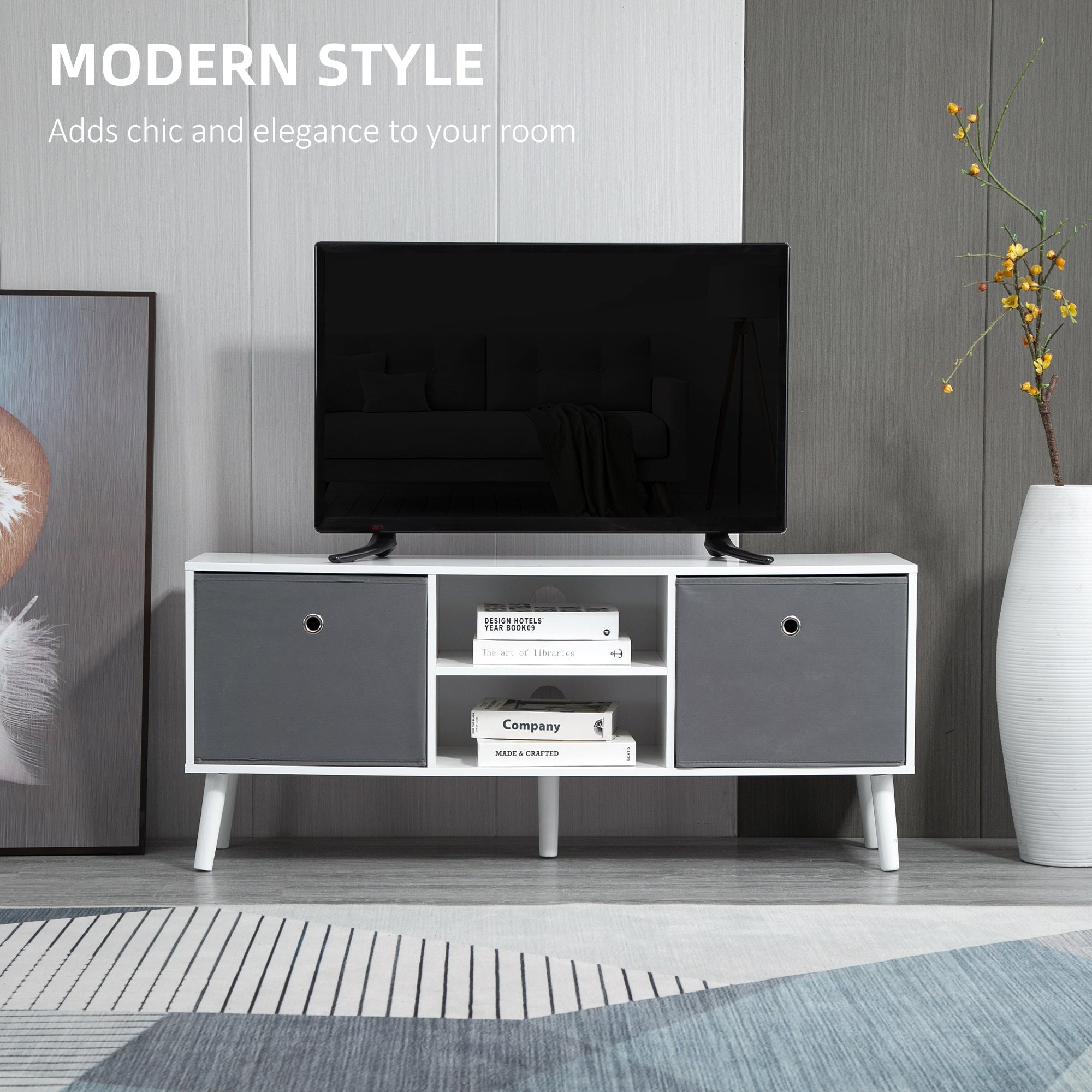 Kozy TV Cabinet Stand Unit for TVs up to 50'' with Foldable Drawers, Entertainment Centre for Living Room White