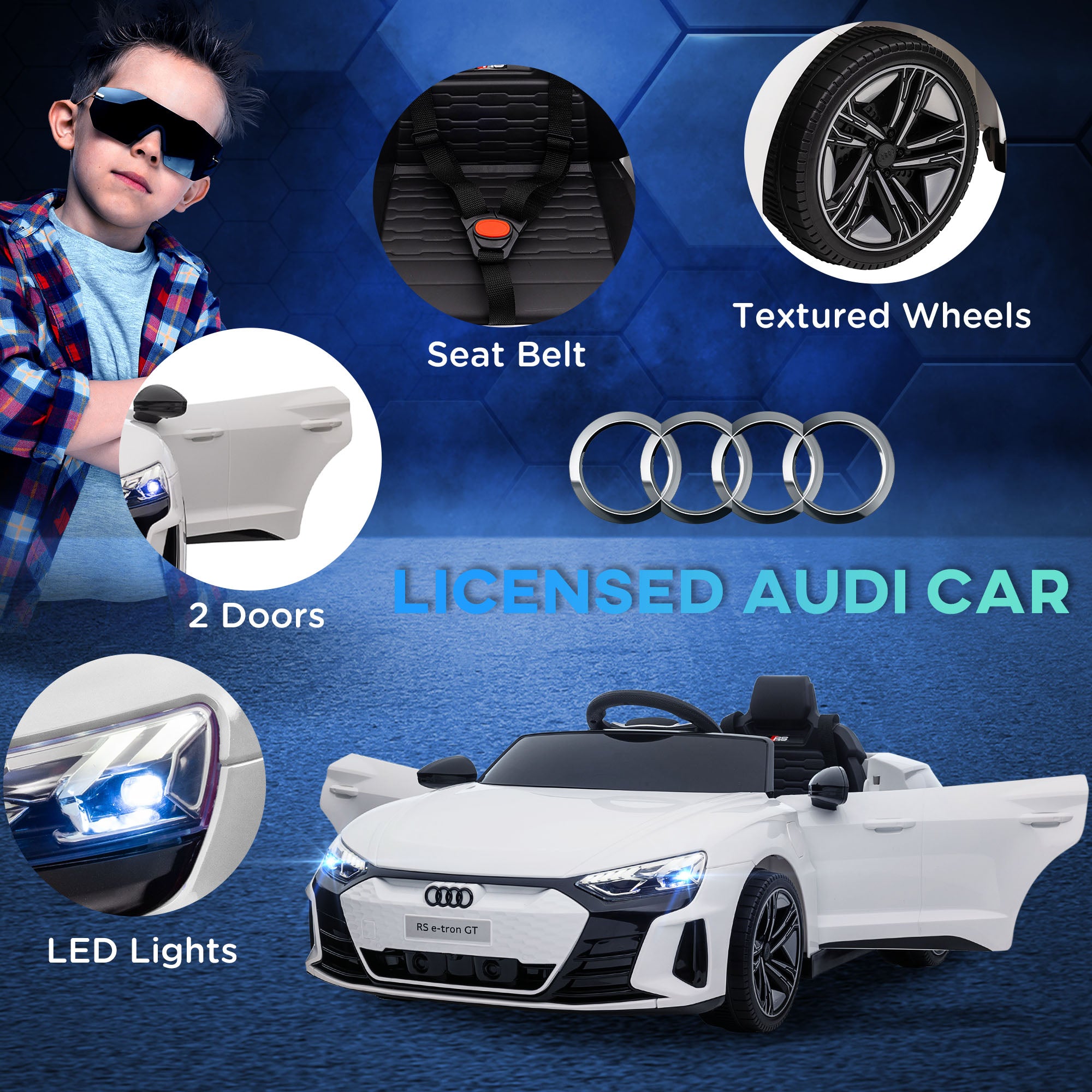 Kozy Audi Licensed 12V Kids Electric Ride-On, with Remote Control, Suspension System, Lights, Music, Motor - White