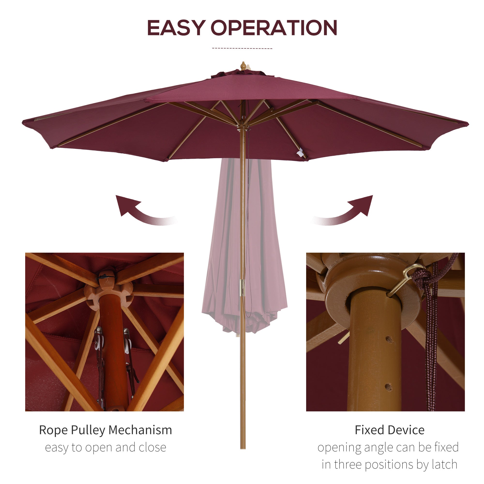 Kozy 3(m) Garden Parasol, Pulley Operated Patio Umbrella, Wooden Table Market Umbrella with Rope Pulley Mechanism and 8 Ribs, Wine Red