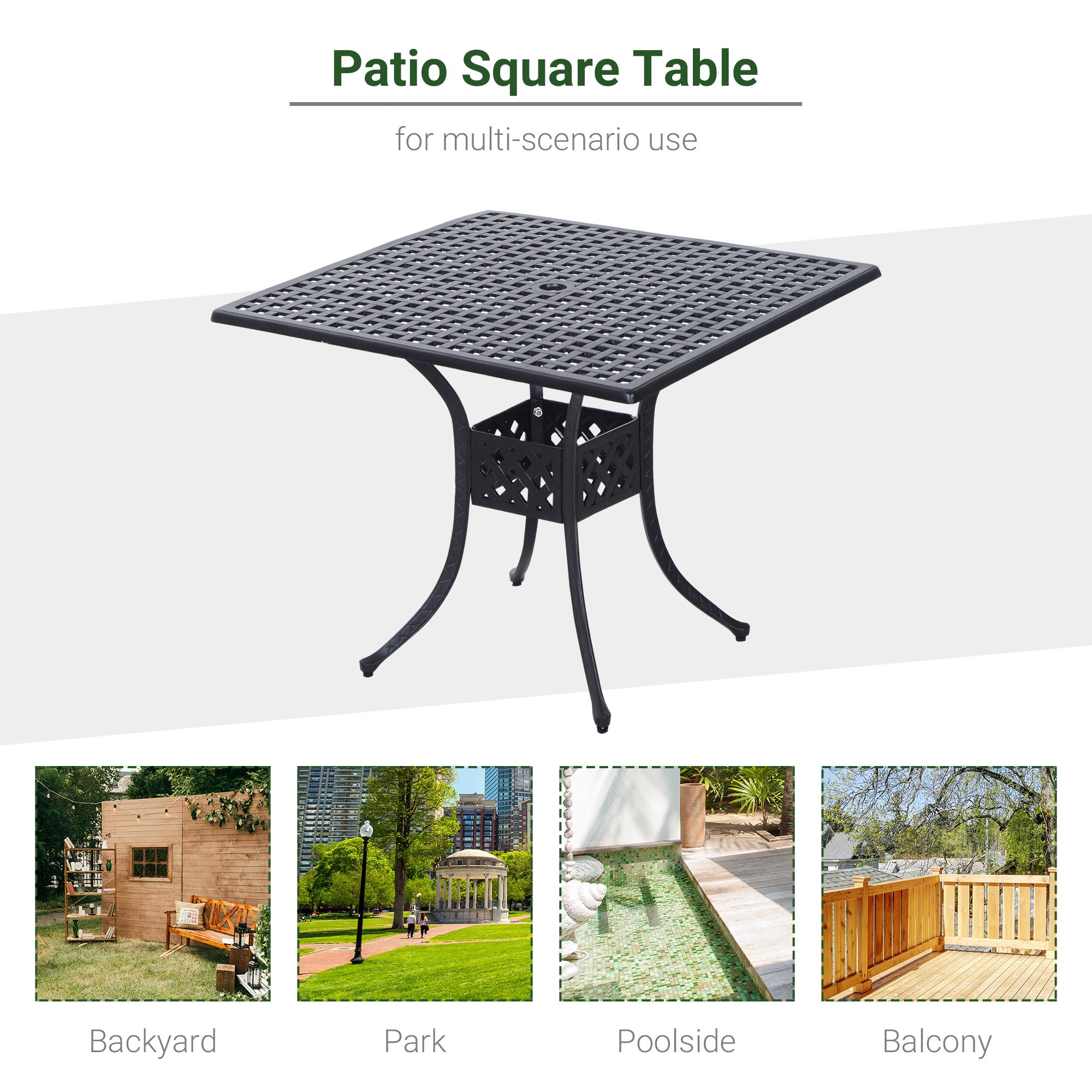 Kozy 90cm Square Garden Table with Umbrella Hole, Aluminium Grid Motif Outdoor Dining Table for Garden Patio, Black