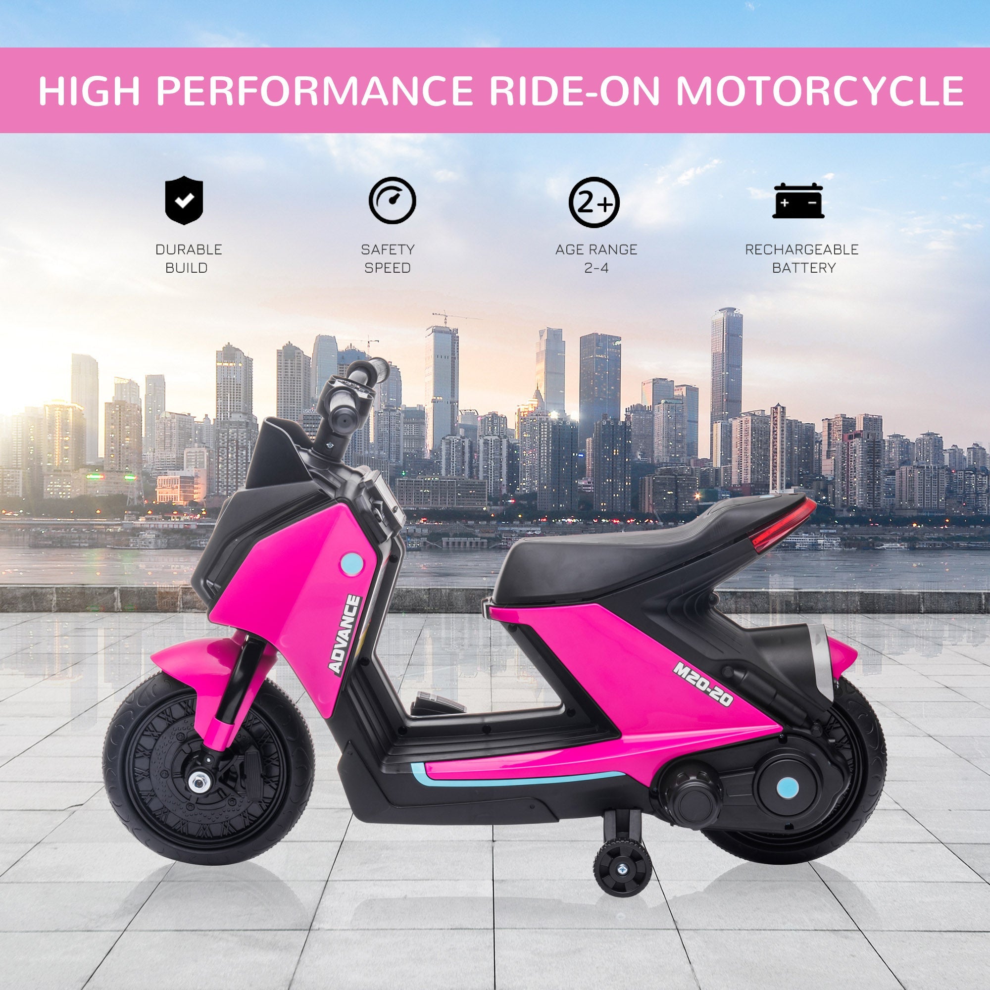 HOMCOM 6V Kids Electric Motorbike Ride On Toy w/ Music Headlights Safety Training Wheels for Girls Boy 2-4 Years Pink | Aosom UK
