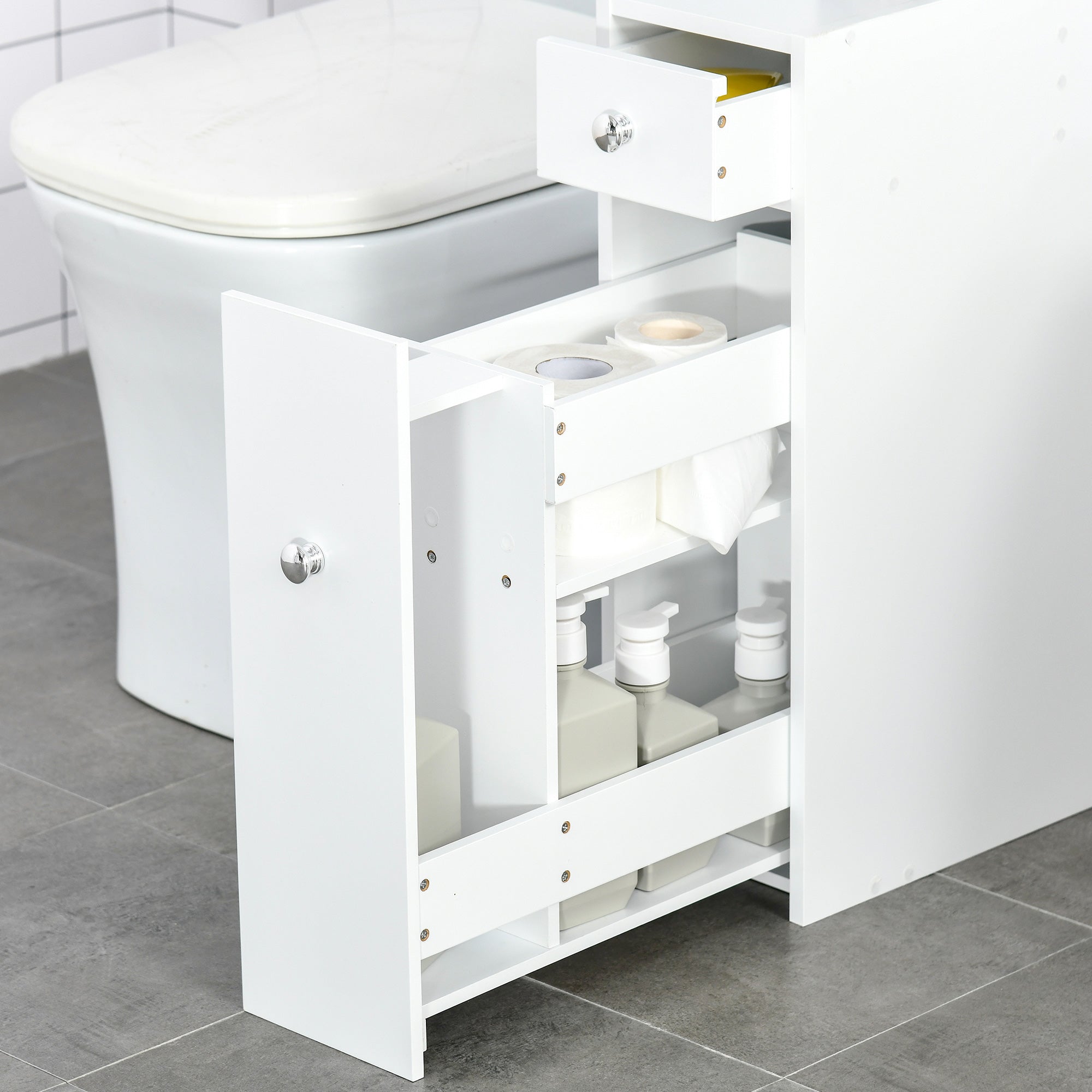 Kozy Bathroom Slim Floor Cabinet Narrow Wooden Storage Home Bath Toilet Cupboard Organiser Unit with Drawers White