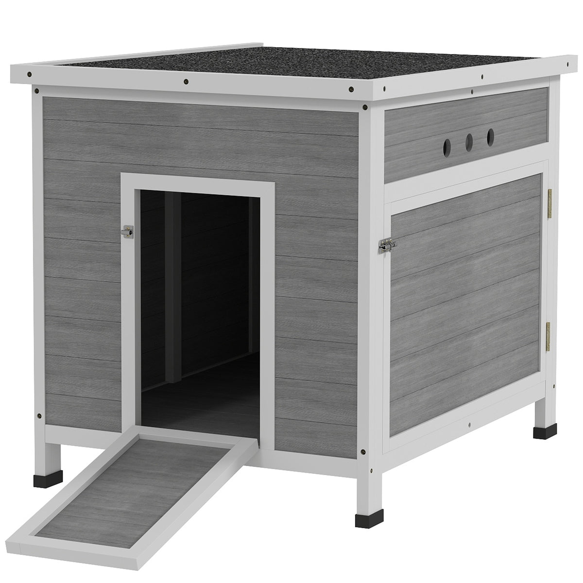 Kozy - Wooden Duck House with Ramp, Double Doors, Openable Asphalt Roof, Ventilation Holes, Removable Base, Light Grey