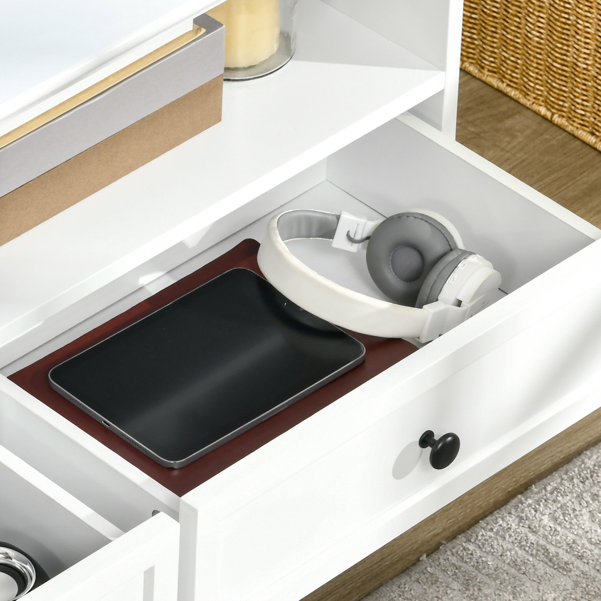 Kozy Modern TV Unit Cabinet for TVs up to 45 Inches, TV Stand with Drawers, Open Shelves, Cable Holes for Living Room, White