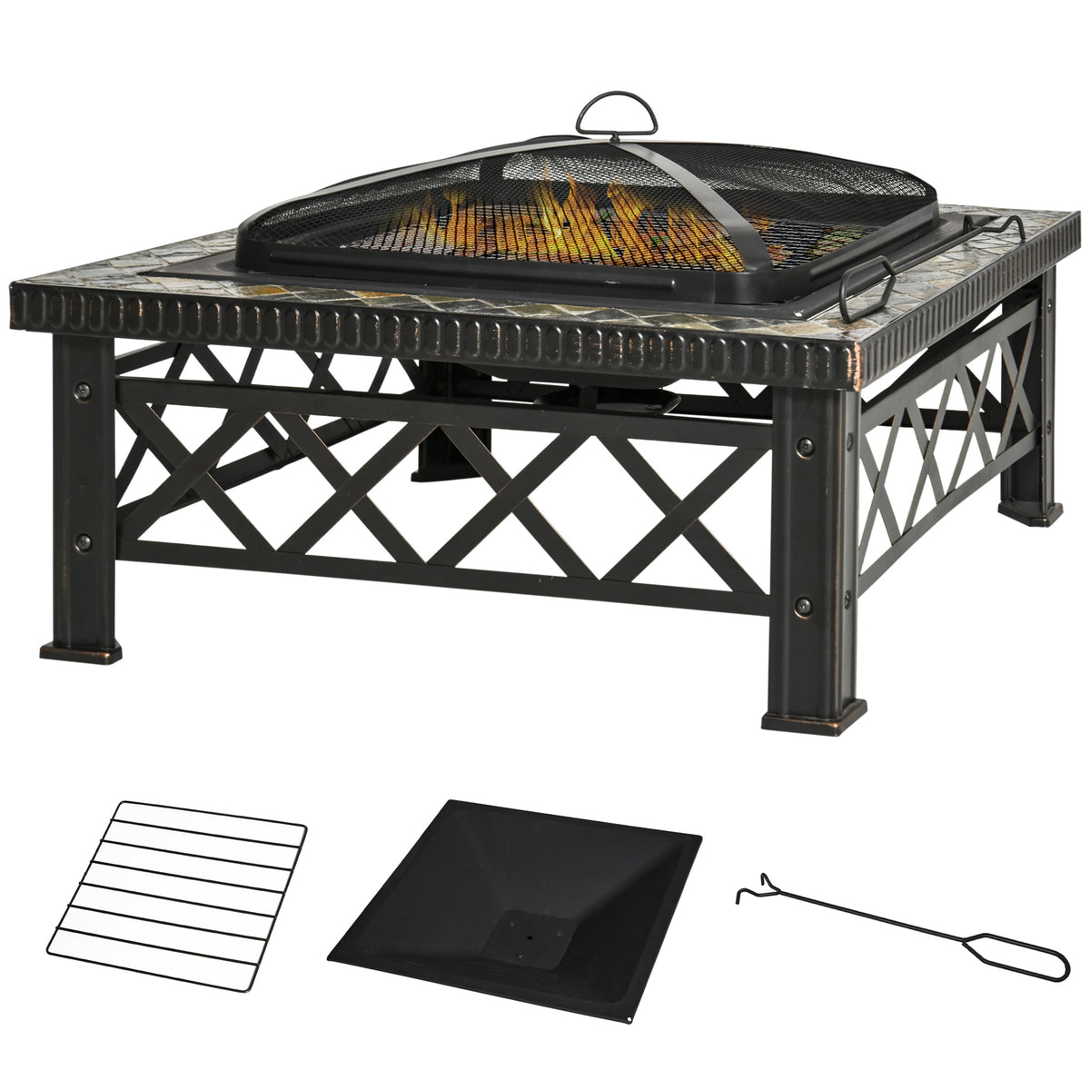 Kozy Large Outdoor Fire Pit Table, 3 in 1 Square Wood Burning Firepit Metal Brazier, BBQ Grill, Ice Bucket w/ Grill Grate, Log Grate, Lid, Poker for Garden, Camping, Bonfire, 76 x 76 x 47cm, Black