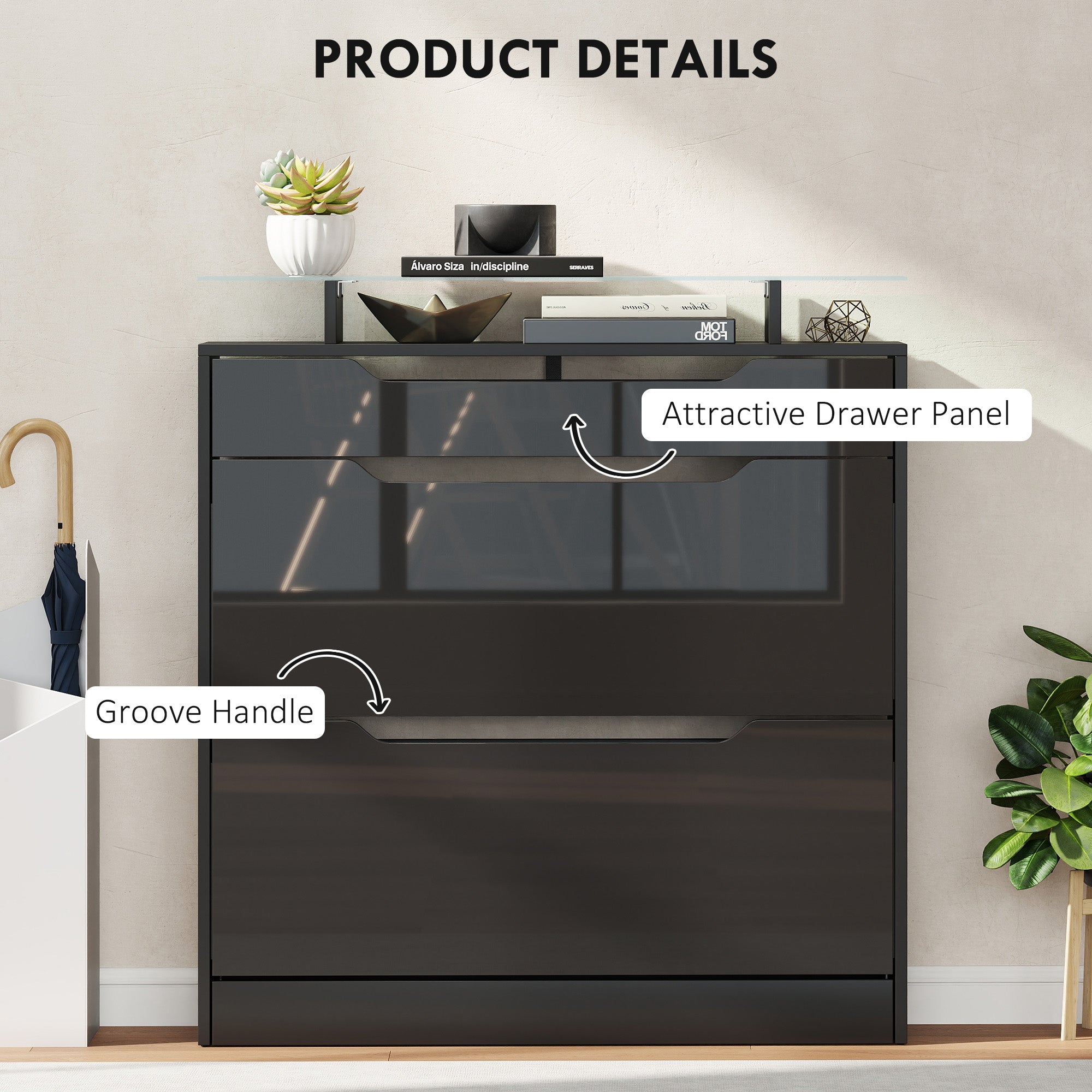 Kozy - Shoe Storage Cabinet with Slide Out Drawer, 2 Flip Doors, Tempered Glass Top - Black