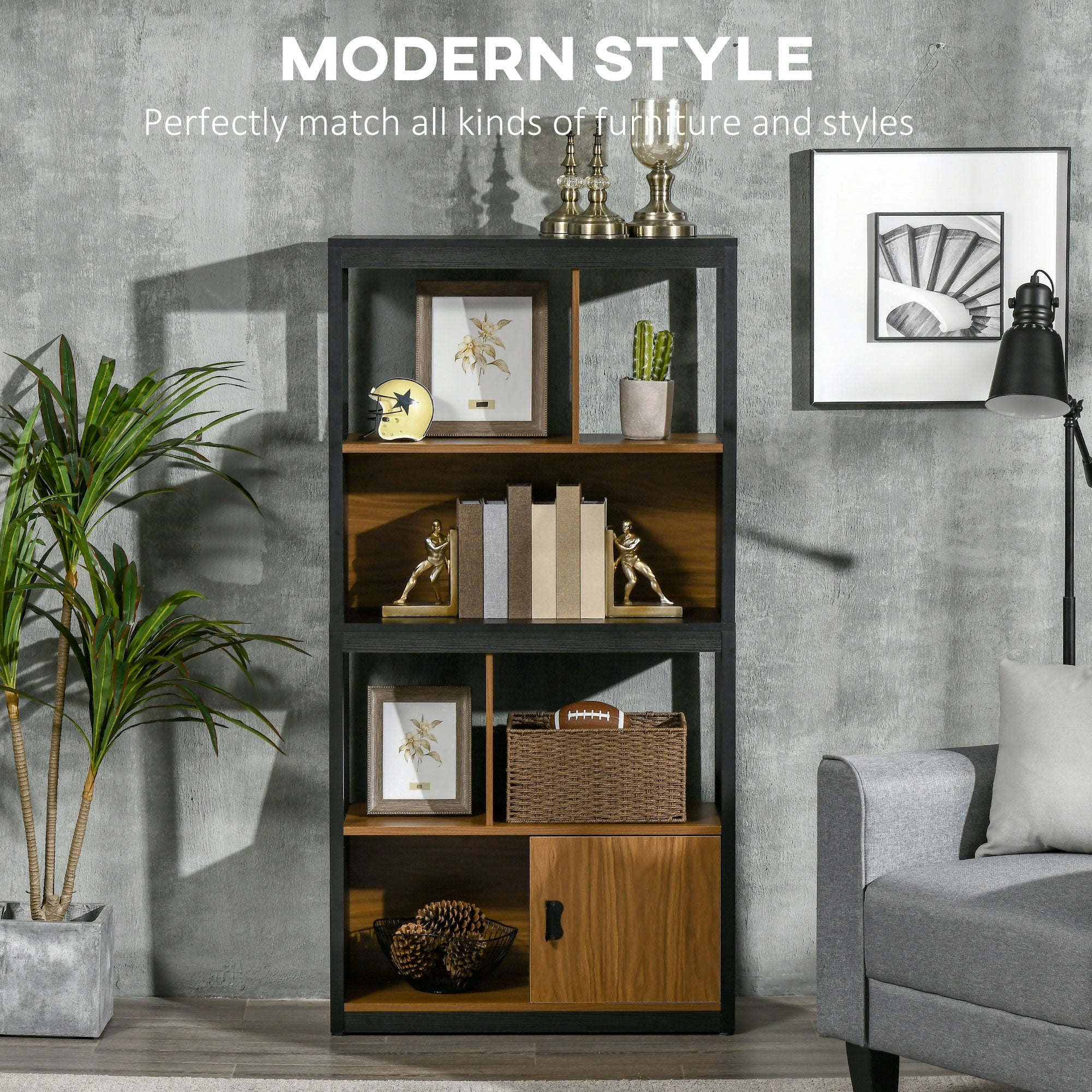 Kozy Modern 4-Tier Bookshelf, Freestanding Bookcase with Storage Shelving and Closed Cabinet, for Living Room Home Office Study, Walnut Brown