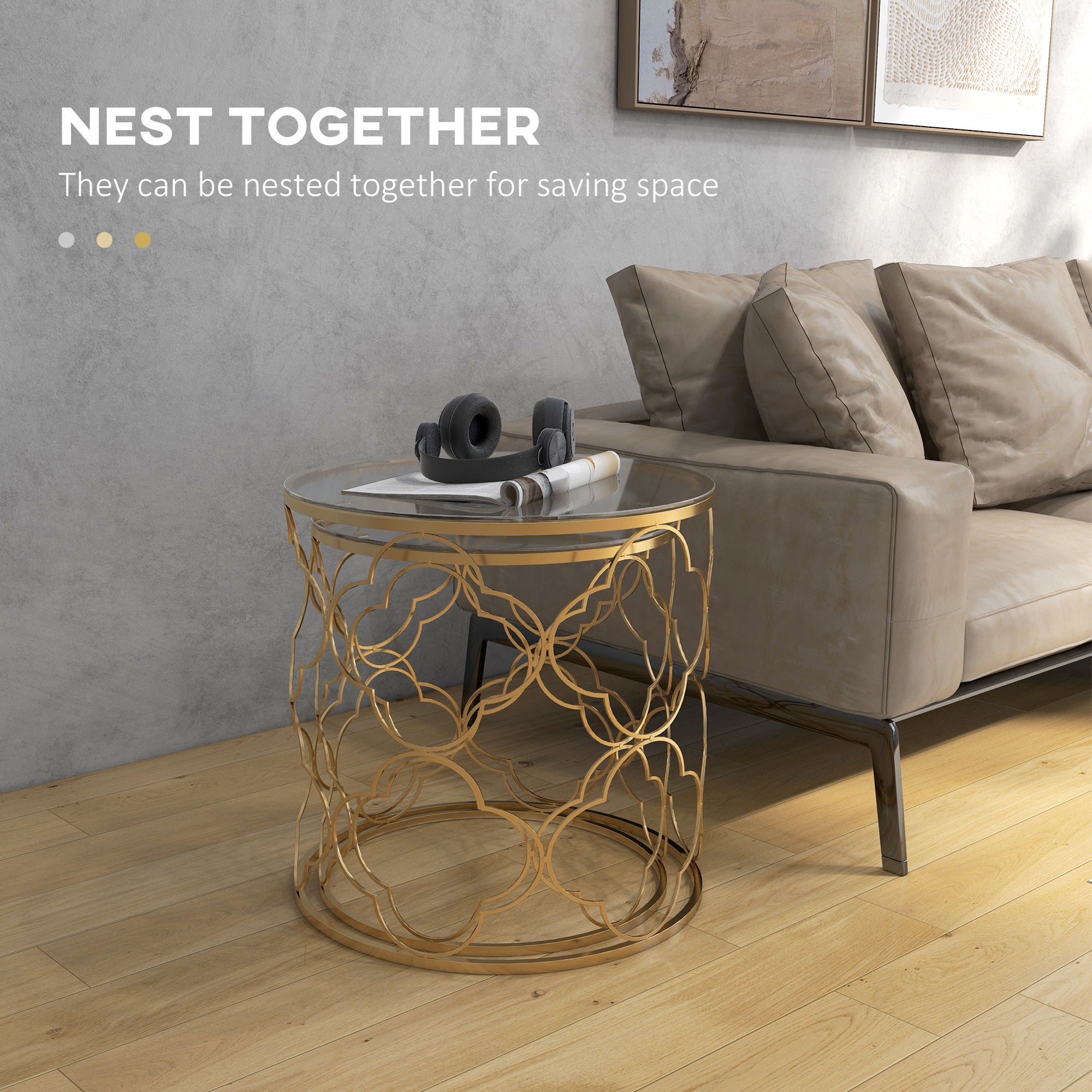 Kozy Nesting Tables Set of 2, Modern Stacking Side End Table with Tempered Glass Top, Metal Frame for Living Room Bedroom Office, Gold Tone