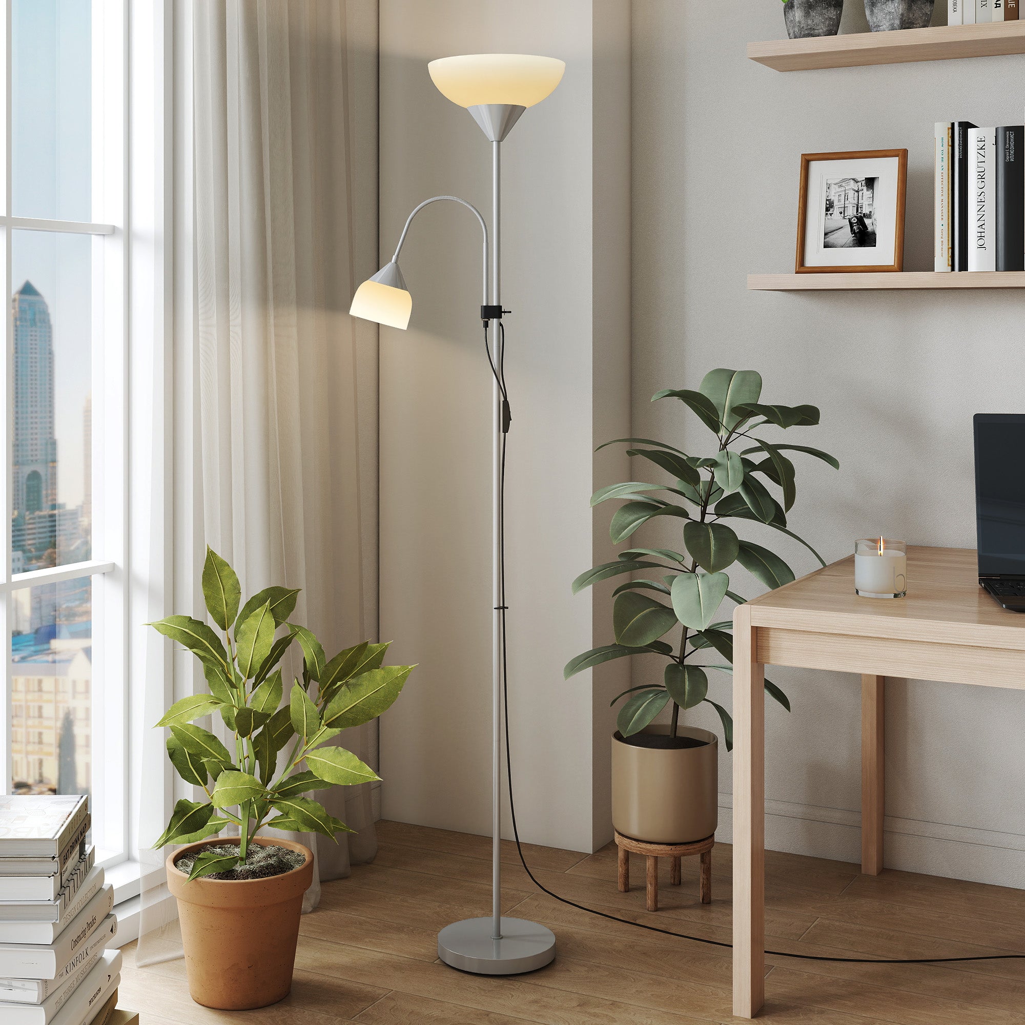 Kozy - LED Floor Lamp for Living Room, 180cm Tall Standing Lamp, Mother and Child Uplighter with Adjustable Gooseneck, 3000K/4500K/6500K Colour Temperatures, Silver Tone