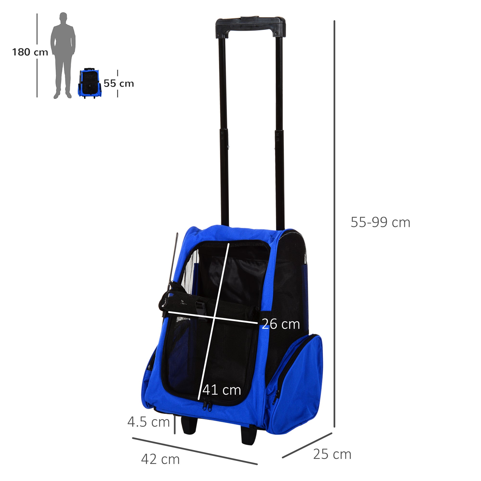 PawHut Portable Pet Carrier Backpack with Trolley, Telescopic Handle, Stroller Wheels for Cats & Dogs, 42 x 25 x 55 cm, Blue