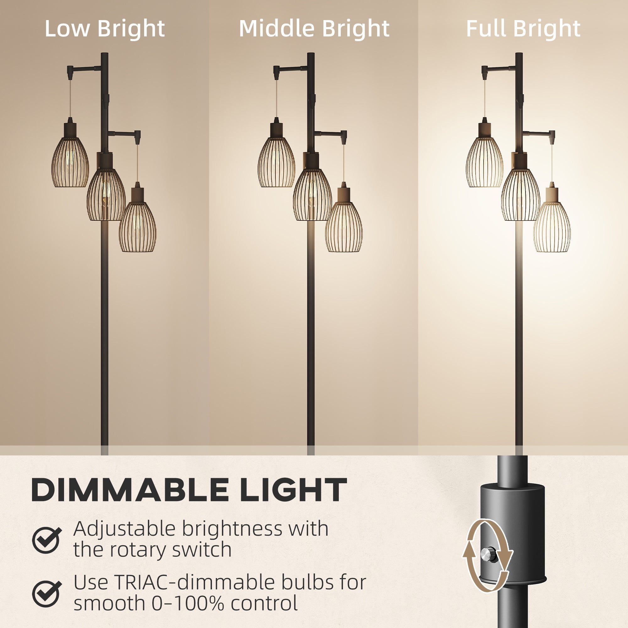 Kozy - 3-Light LED Floor Lamp, 170cm Industrial Dimmable Standing Lamp with Steel Wire Cage Lampshades, 2700K for Living Room, Bedroom, Dining Room, Study, Black