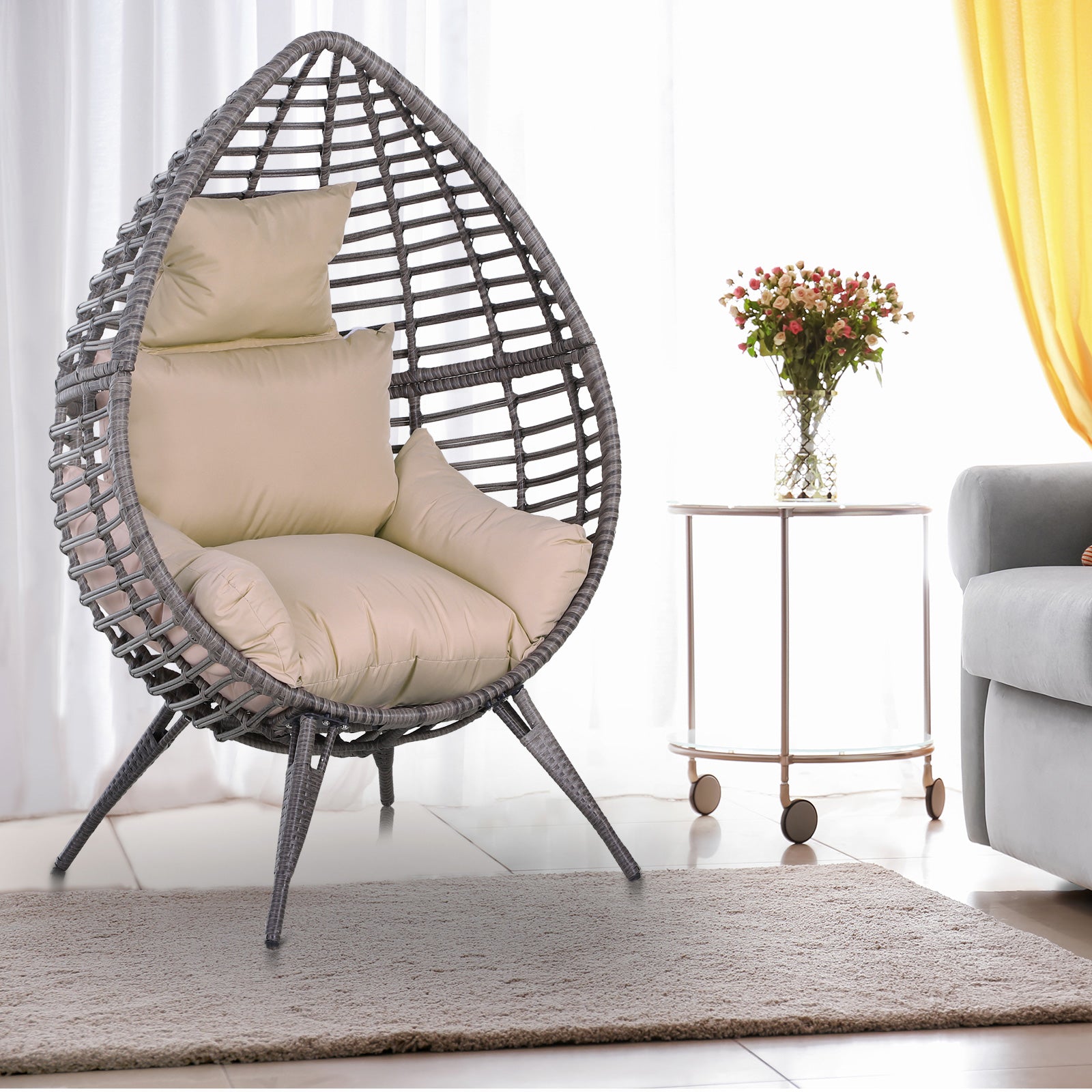 Kozy Garden Egg Chair, Teardrop Outdoor PE Rattan Chair with Full-body Soft Padded Cushion, Grey