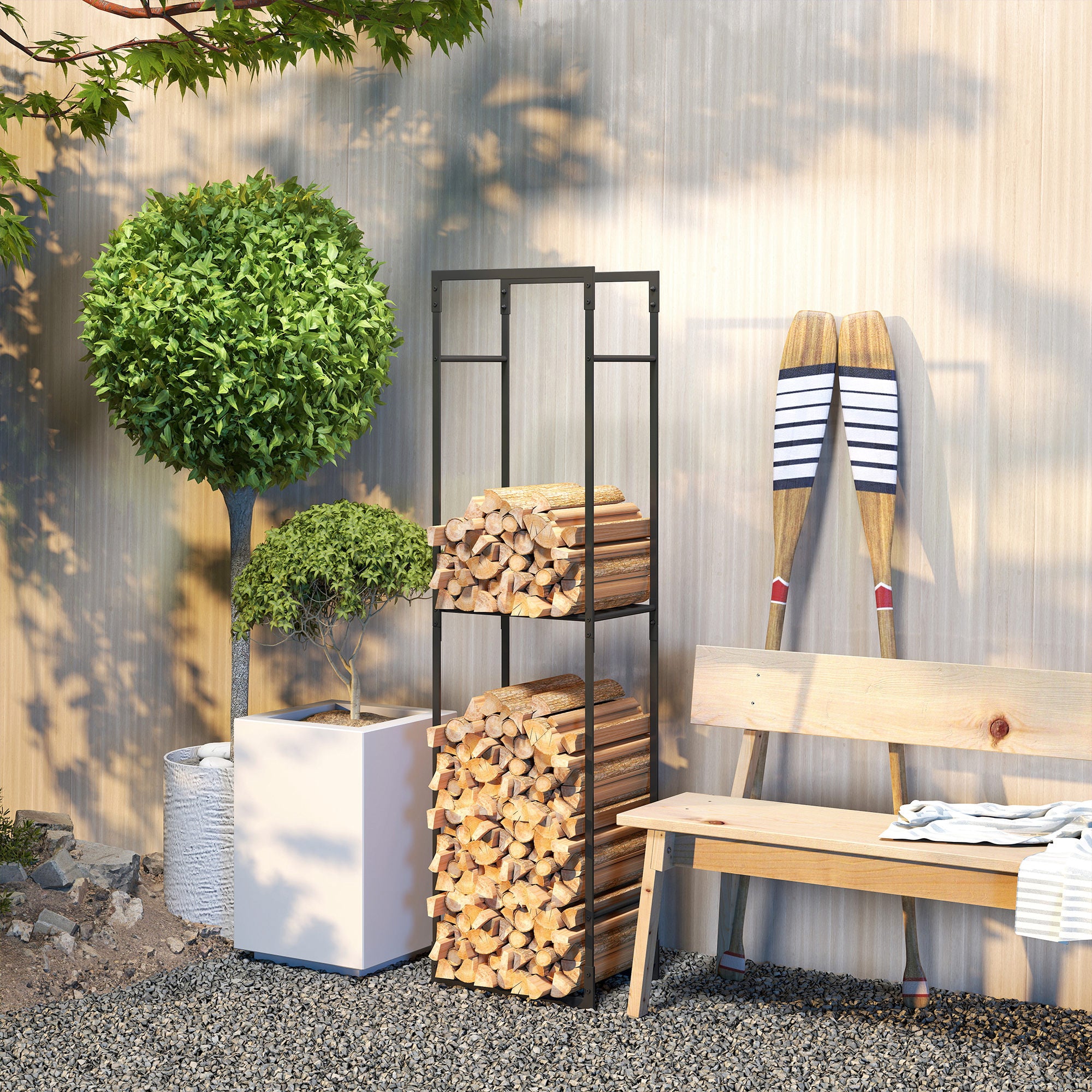 Kozy - Metal Firewood Log Holder, Heavy Duty Firewood Rack with Adjustable Shelf, Indoor Outdoor Fireplace Wood Storage Shelf, 45 x 31 x 170 cm, Black