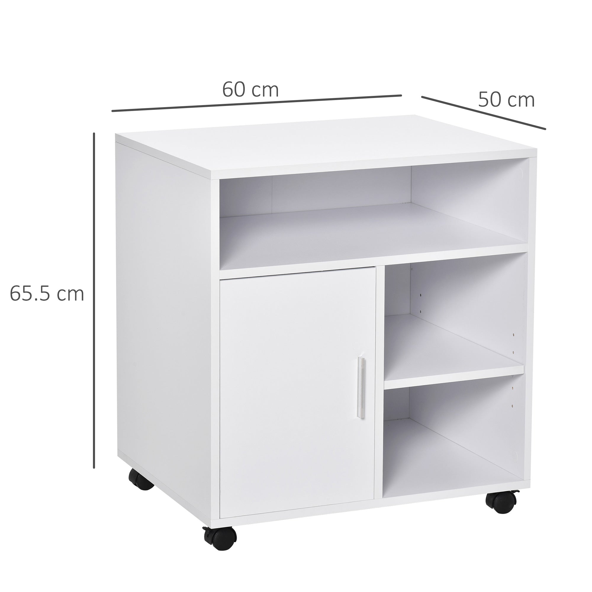 HOMCOM Mobile Printer Stand with Multiple Storage, Office Desk Side Unit on Wheels, Modern Design, 60L x 50W x 65.5H cm, White