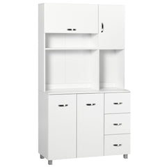 Kozy Kitchen Cupboard, 183cm Tall Storage Cabinet with Countertop, Sideboard with 3 Small Drawers, Flip Up Top Door, 3 Cabinet Doors and Open Shelves, 100W x 39.5D x 183.5H cm, White