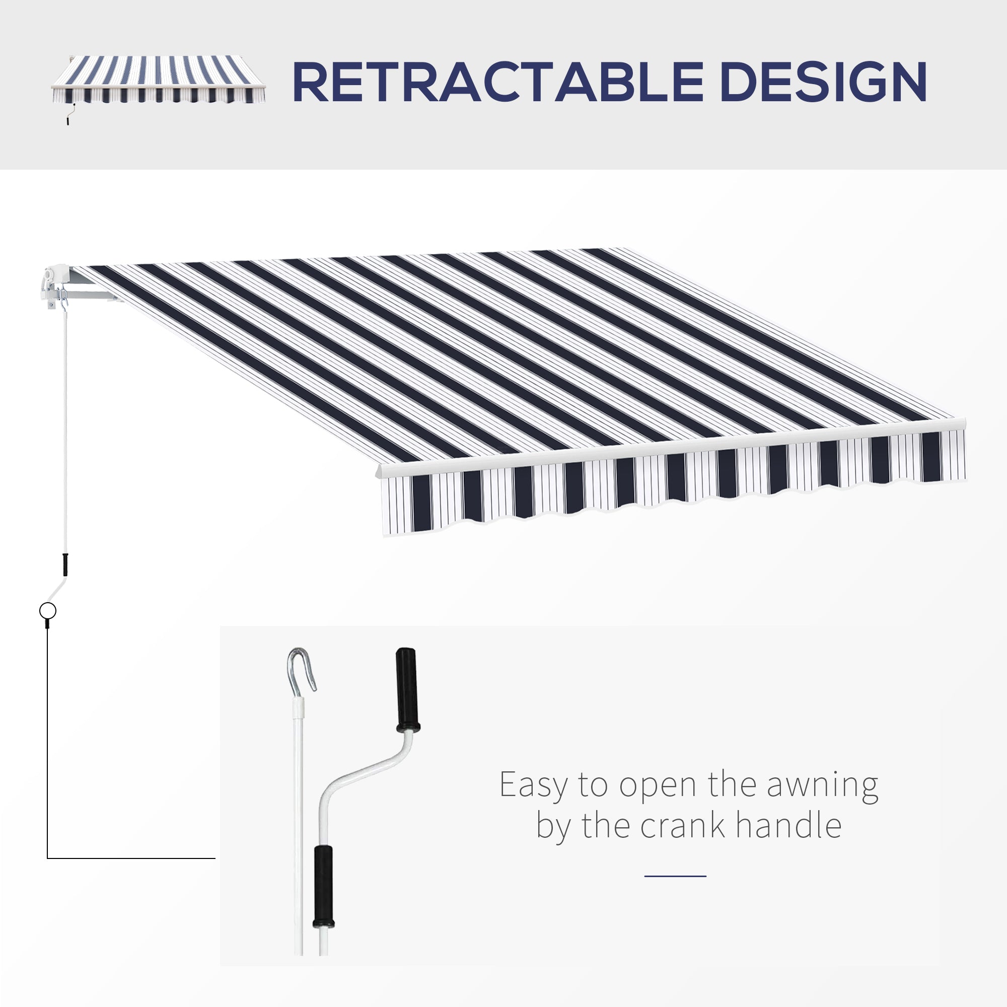 Kozy Manual Retractable Awning, 2.5x2 m-Dark Blue/White Stripes