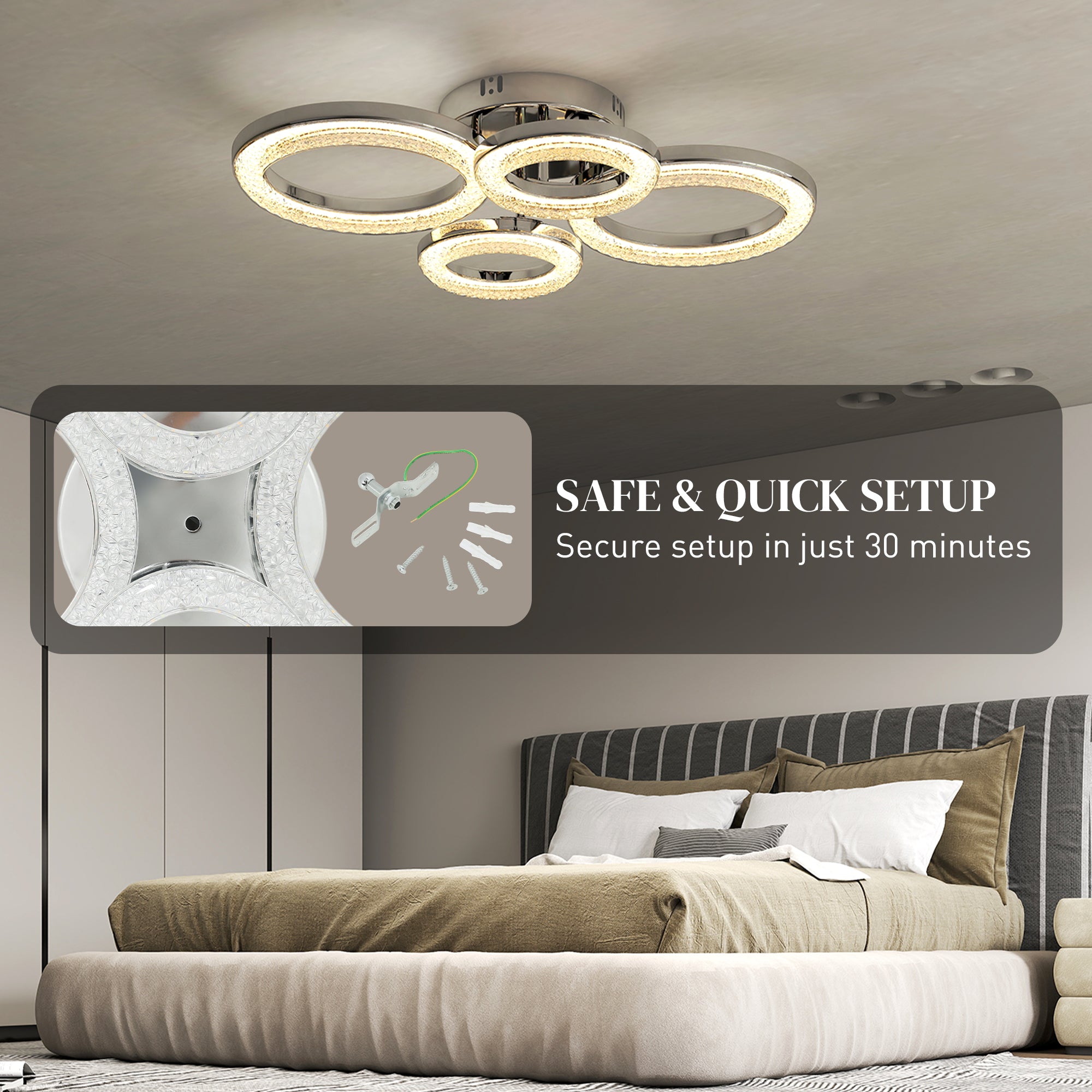 Kozy - LED Ceiling Light, Modern 4 Rings Ceiling Lamp with Wall Switch Control, 40W 4350lm Flush Mount Ceiling Light with 3500K/4500K/6000K Colour Temperatures for Living Room, Bedroom, Silver Tone