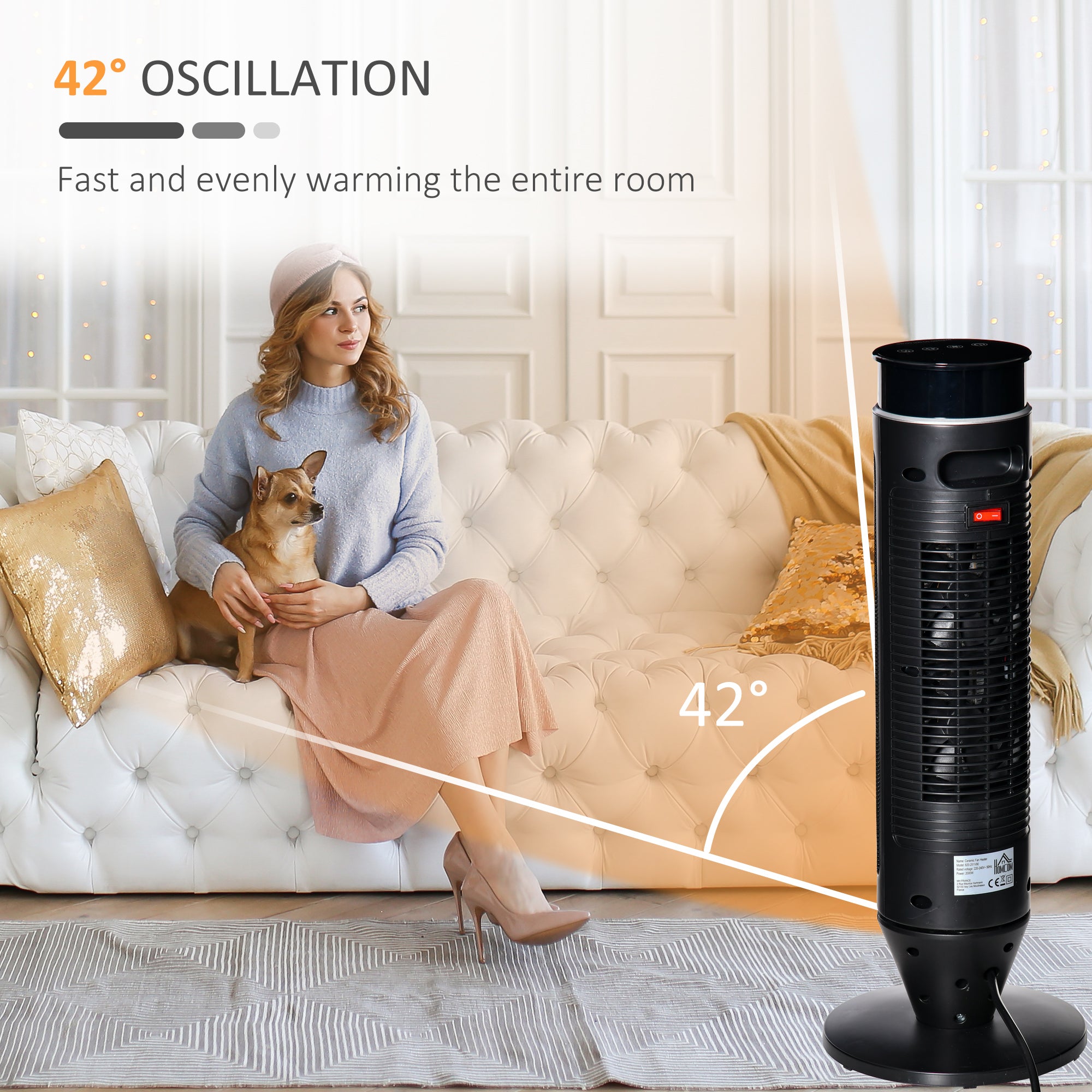 Kozy 21 Inch Space Heater, 1000W/2000W Ceramic Electric Heater and Fan, Overheating & Tip-Over Protection, 8H Timer, 42° Oscillation, Portable Heater for Home