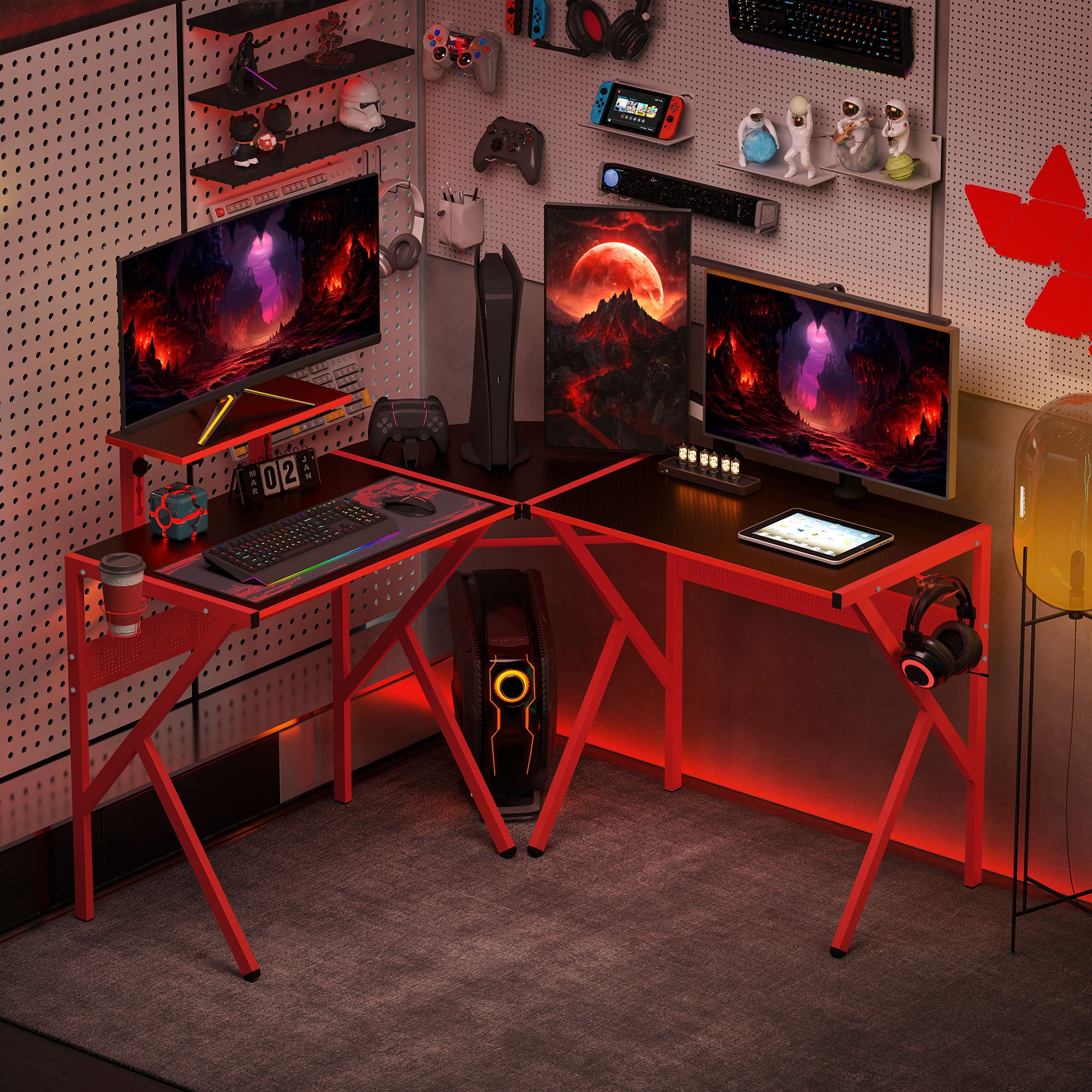 Kozy Gaming Desk L-Shaped Corner Computer Table for Home Office PC Workstations with Adjustable Monitor Stand Cup Holder Headphone Hook 125x125x75cm, Red