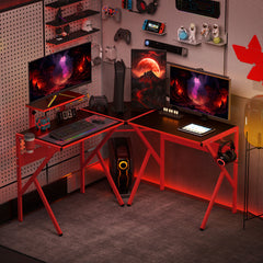Kozy Gaming Desk L-Shaped Corner Computer Table for Home Office PC Workstations with Adjustable Monitor Stand Cup Holder Headphone Hook 125x125x75cm, Red