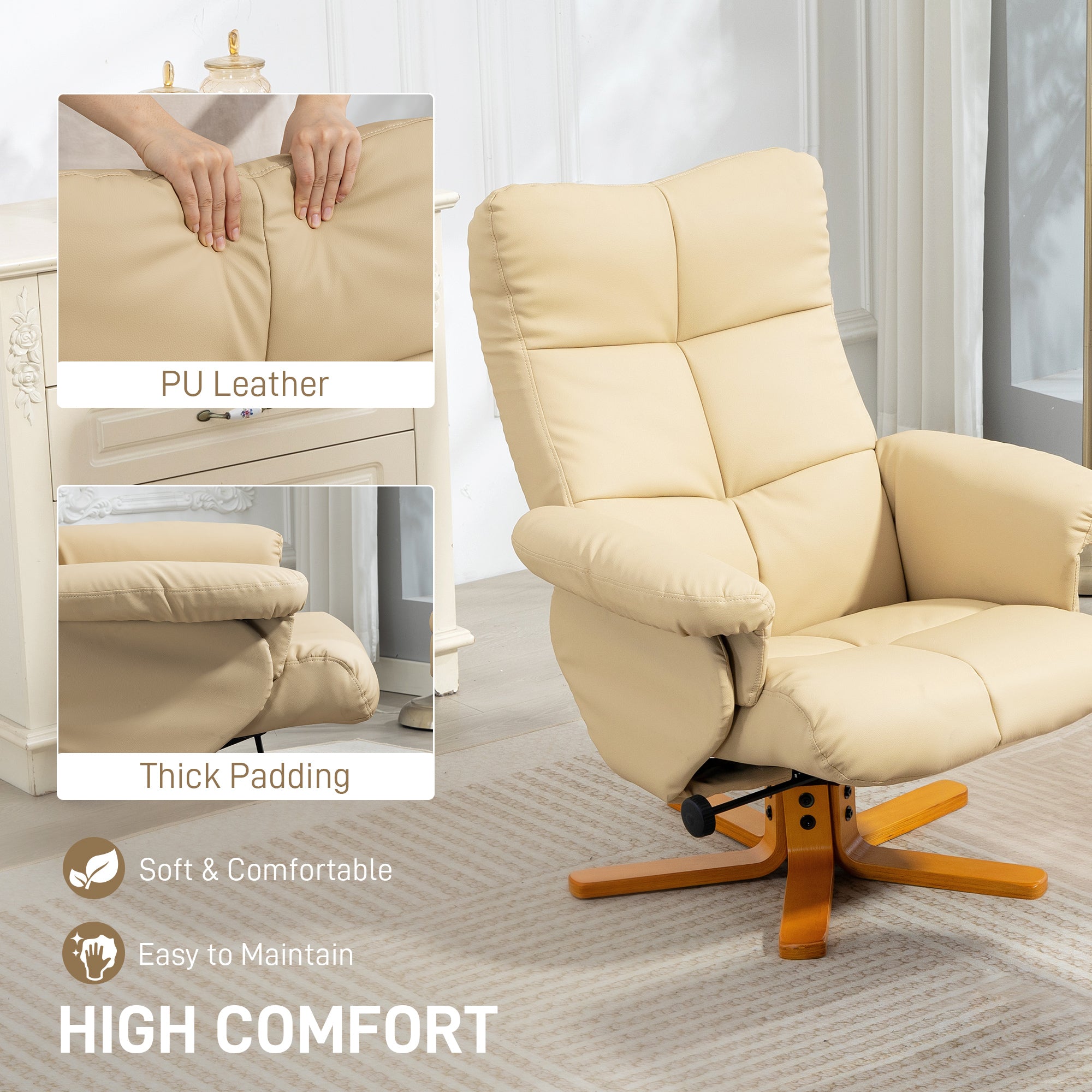 Kozy PU Leather Swivel Recliner Chair with Footstool, Wooden Base and Storage for Living Room, Beige