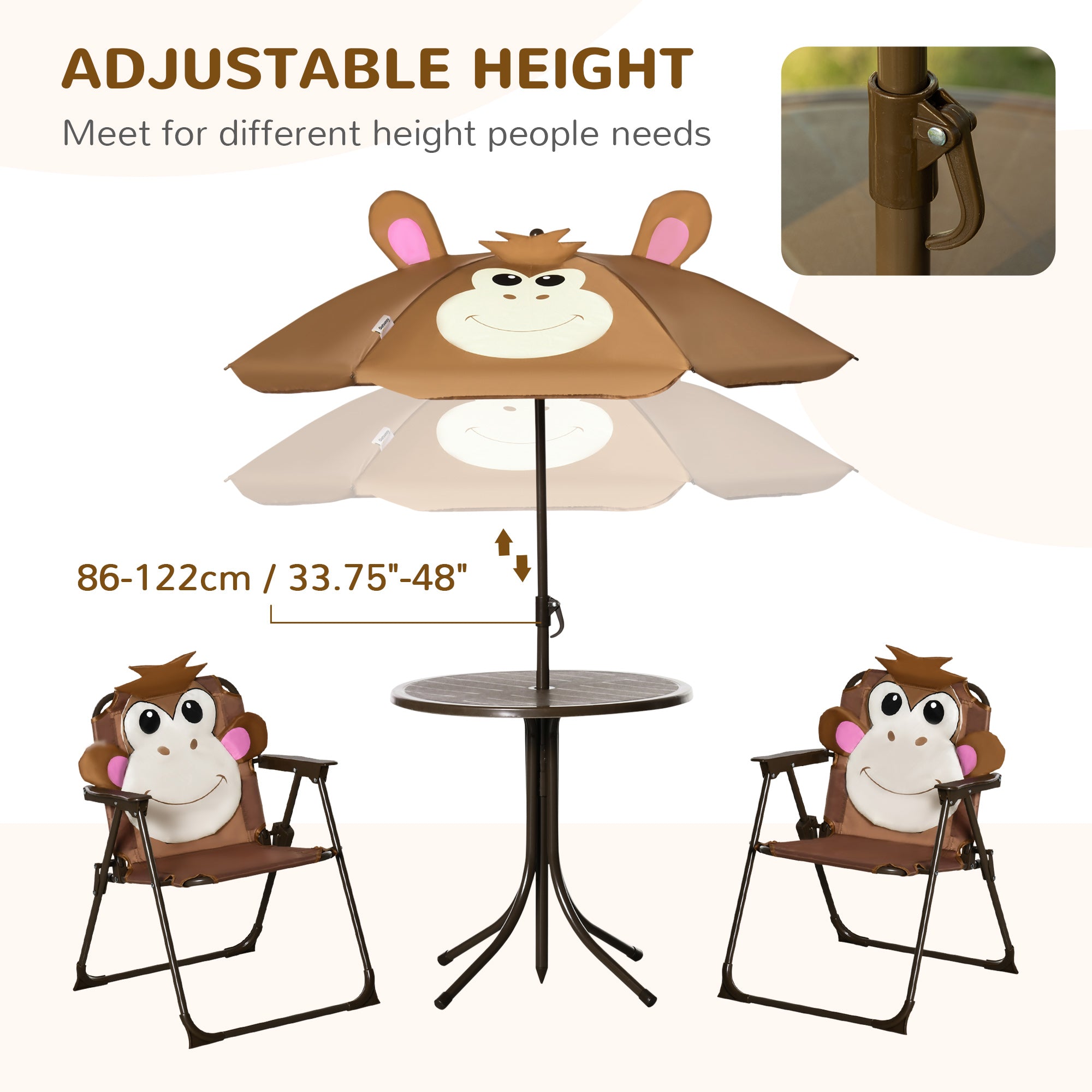 Kozy Kids Bistro Table and Chair Set, Outdoor Folding Garden Furniture w/Monkey Design, Removable, Adjustable Sun Umbrella, Ages 3-6 Years - Brown
