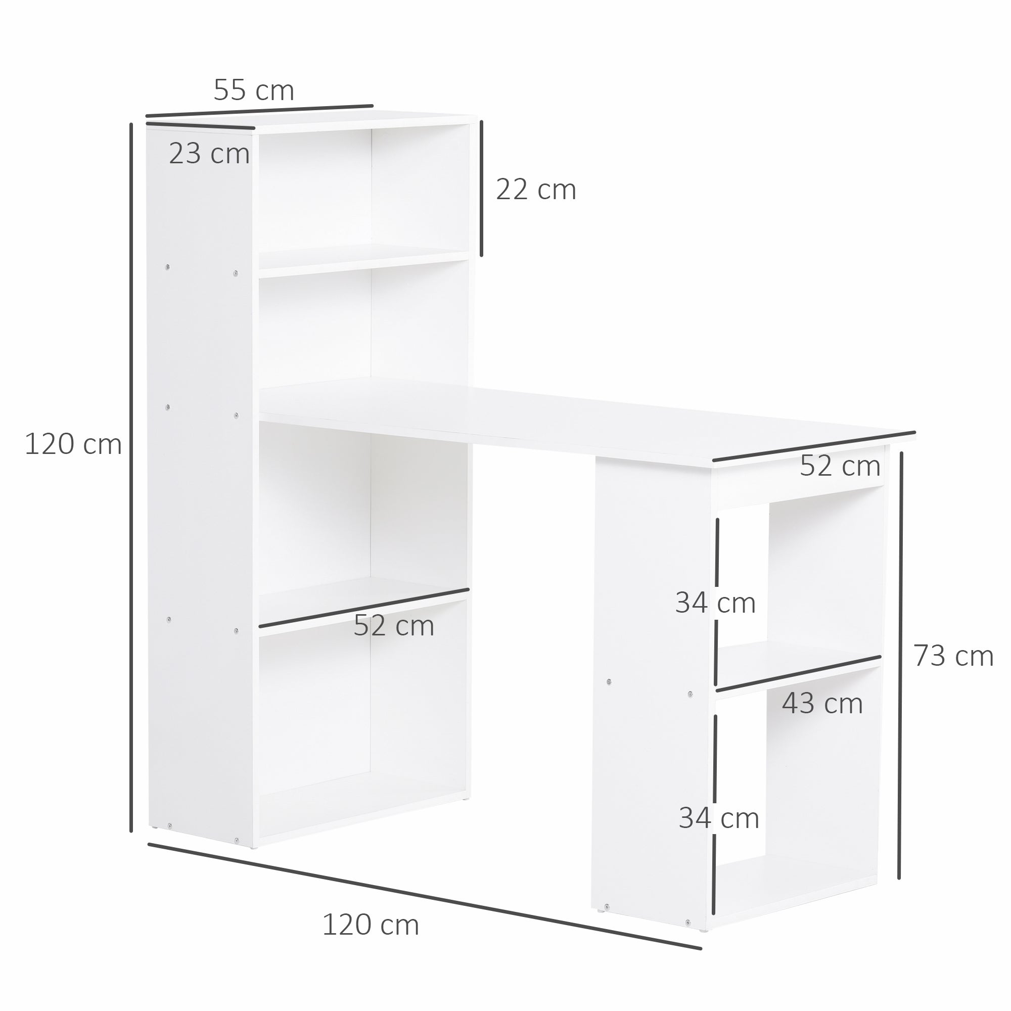 HOMCOM 120cm Modern Computer Desk Bookshelf  Writing Table Workstation PC Laptop Study Home Office 6 Shelves White