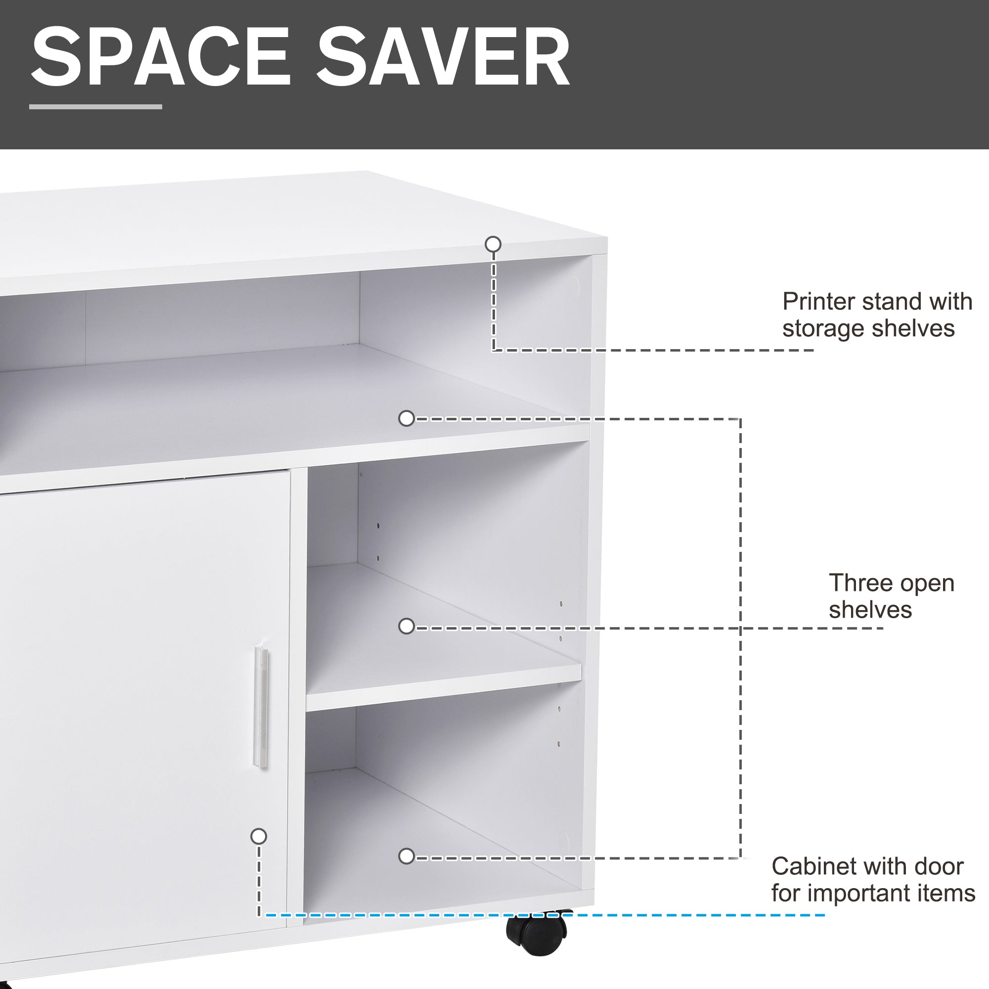 HOMCOM Mobile Printer Stand with Multiple Storage, Office Desk Side Unit on Wheels, Modern Design, 60L x 50W x 65.5H cm, White