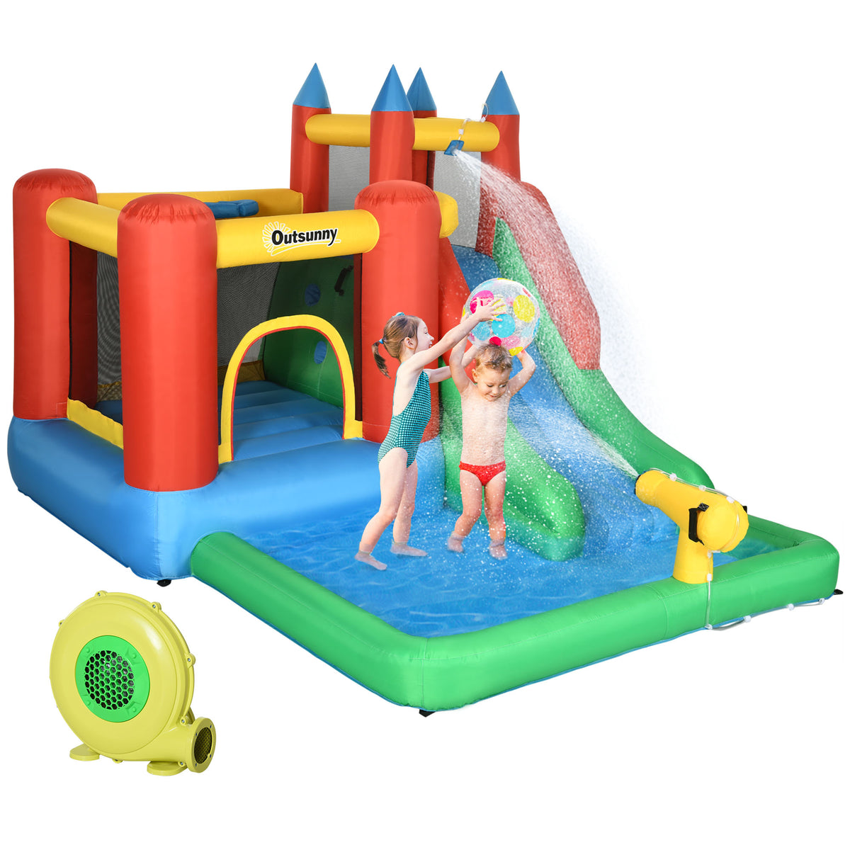 Kozy Kids Inflatable Bouncy Castle Water Slide 6 in 1 Bounce House Jumping Castle Water Pool Gun Climbing Wall Basketball Hoop with Air Blower for Summer Playland