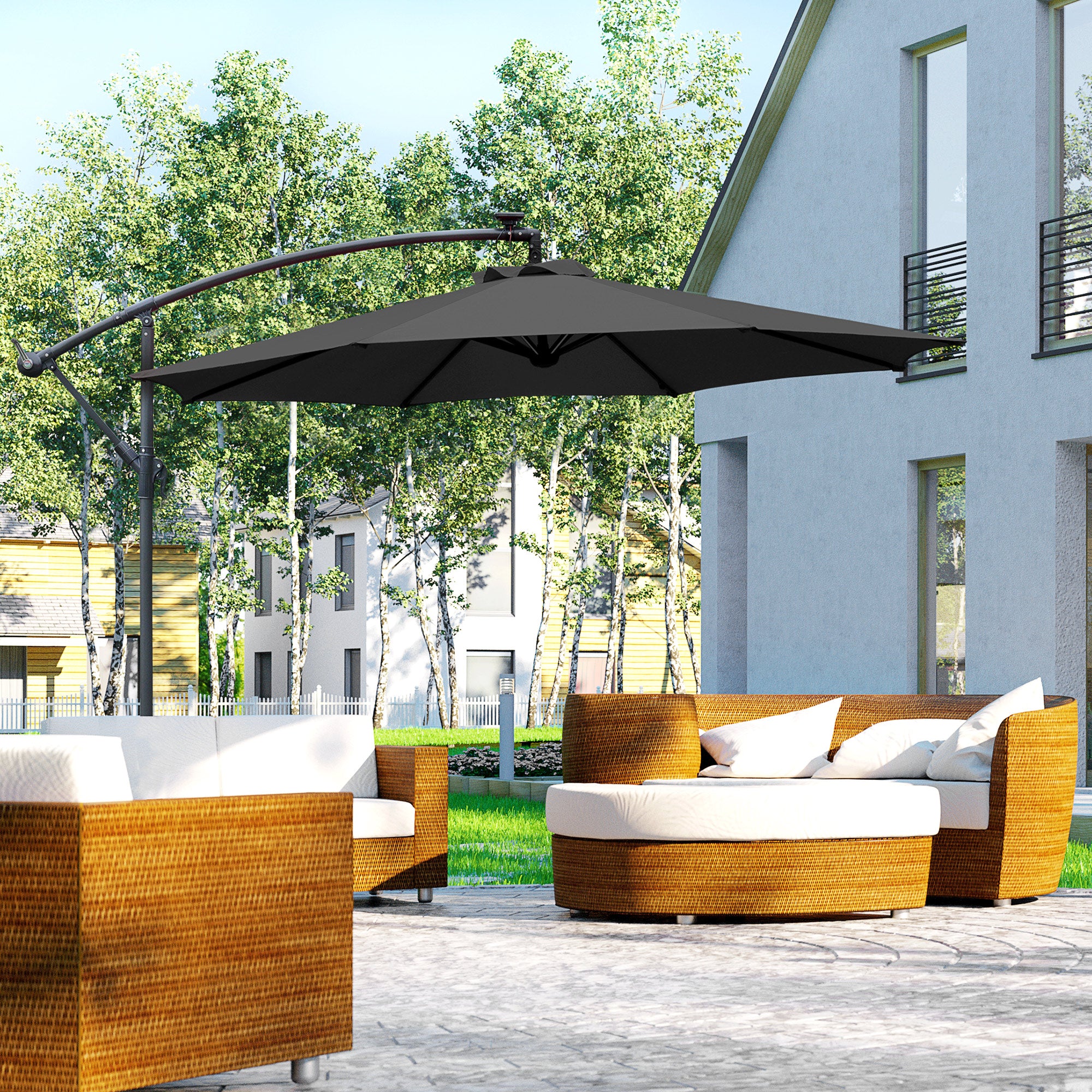 Kozy 3m LED Patio Banana Umbrella Cantilever Parasol w/ Crank Cross Base Hanging Offset Umbrella Frame Steel  Aluminium Garden Table Outdoor Black