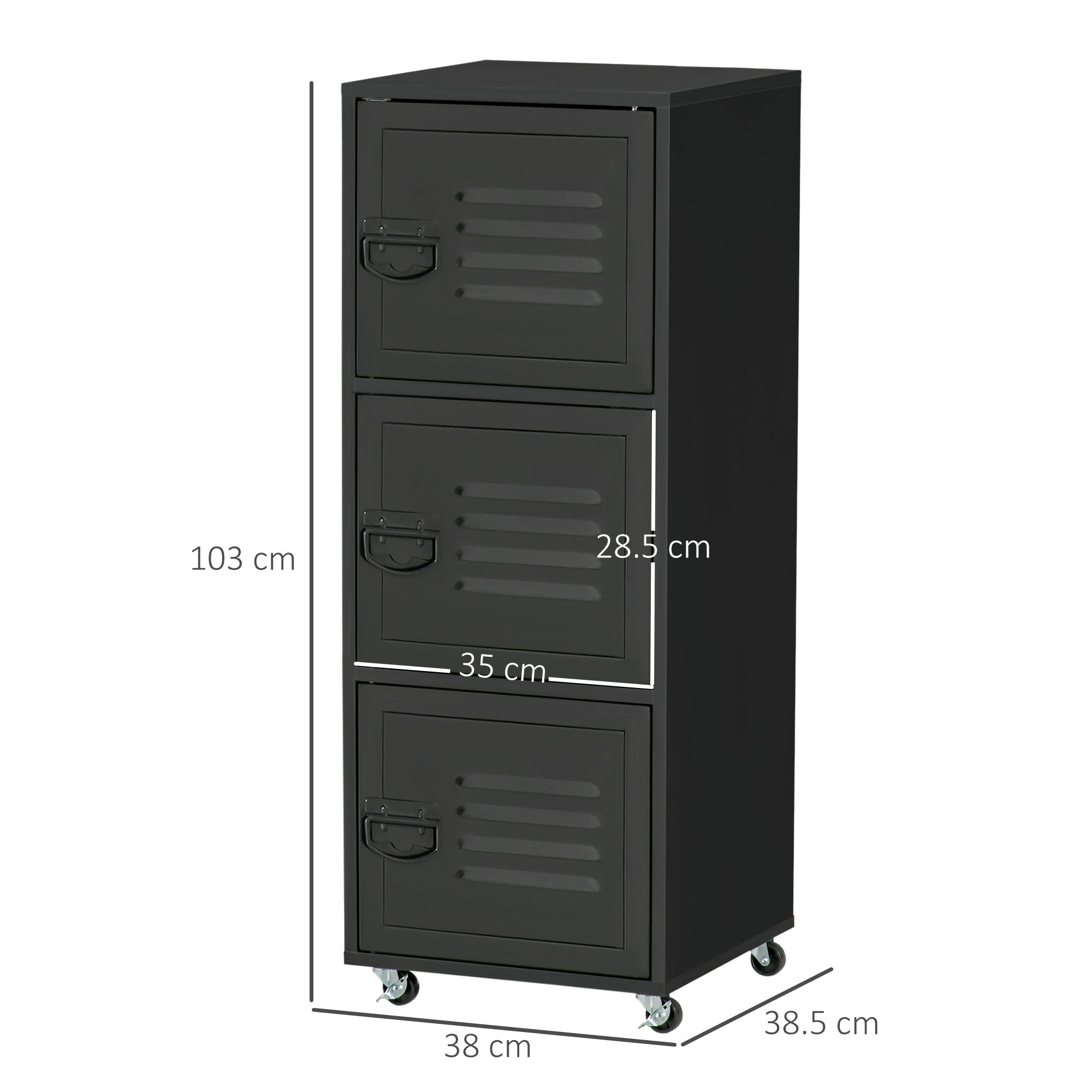 Kozy Rolling Storage Cabinet 3-Tier Mobile File Cabinet with Wheels & Metal Doors for Home Office, Living Room, Black