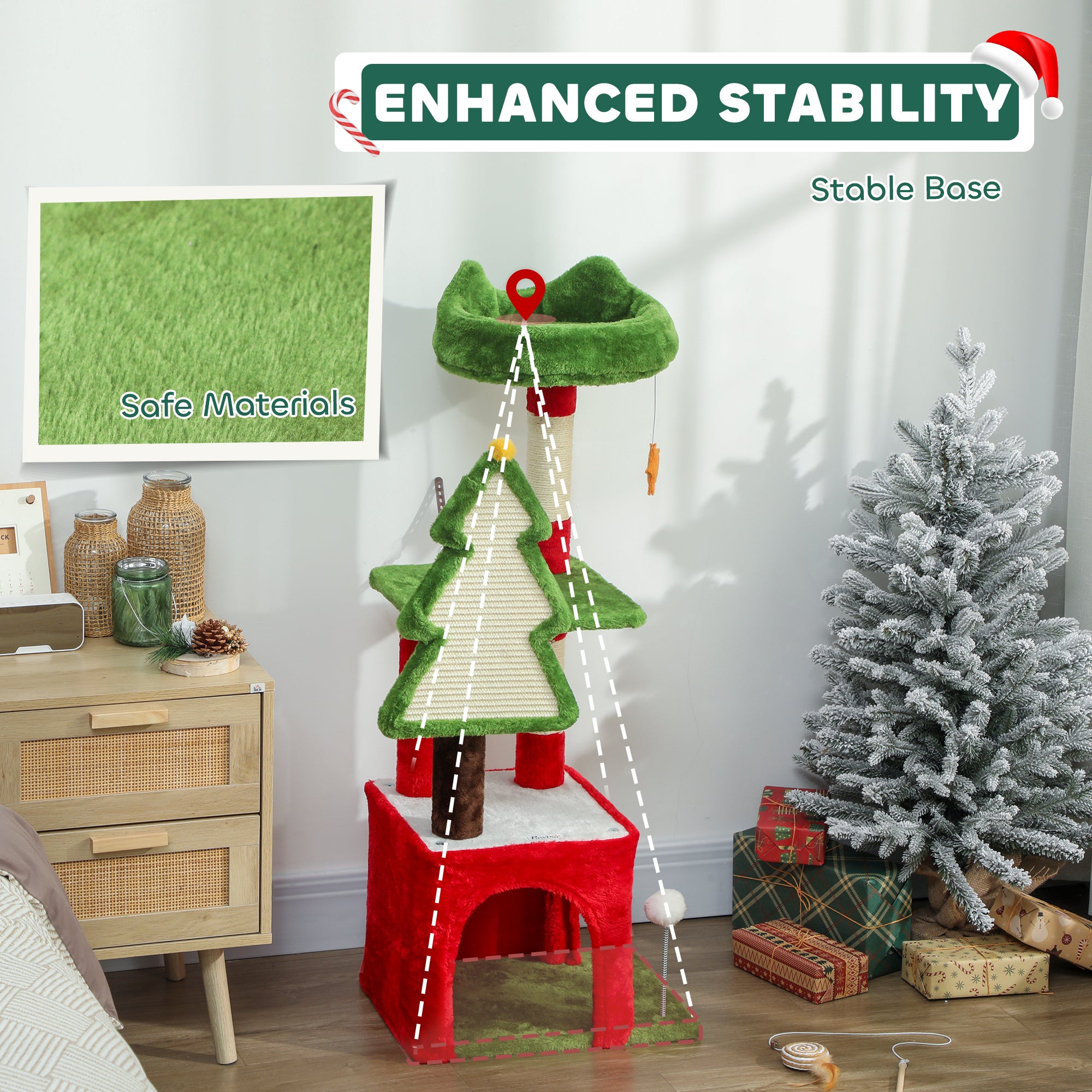 Kozy - Christmas Cat Tree, 120cm Cat Tower with Scratching Post & Board, Platform, Toys, Green