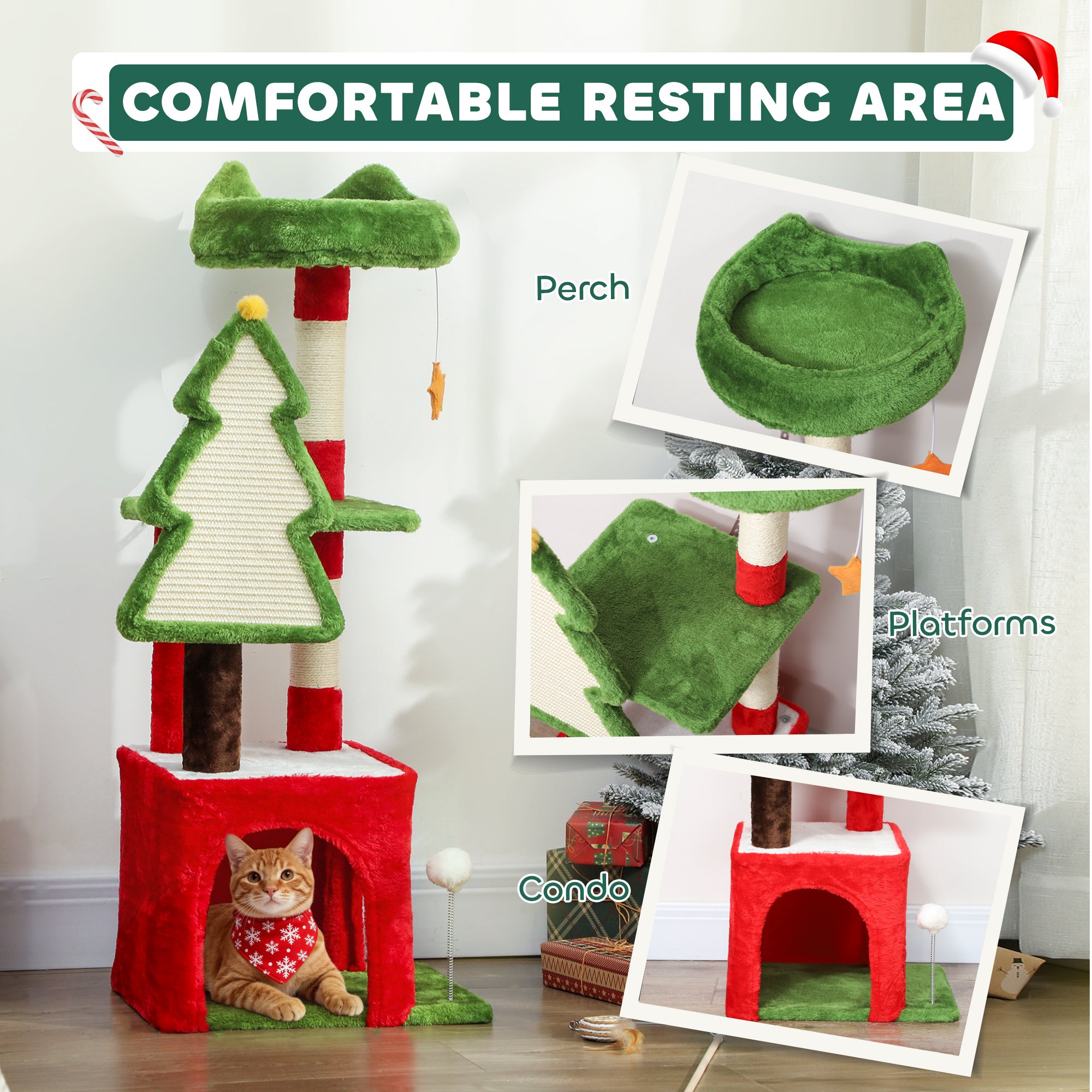 Kozy - Christmas Cat Tree, 120cm Cat Tower with Scratching Post & Board, Platform, Toys, Green