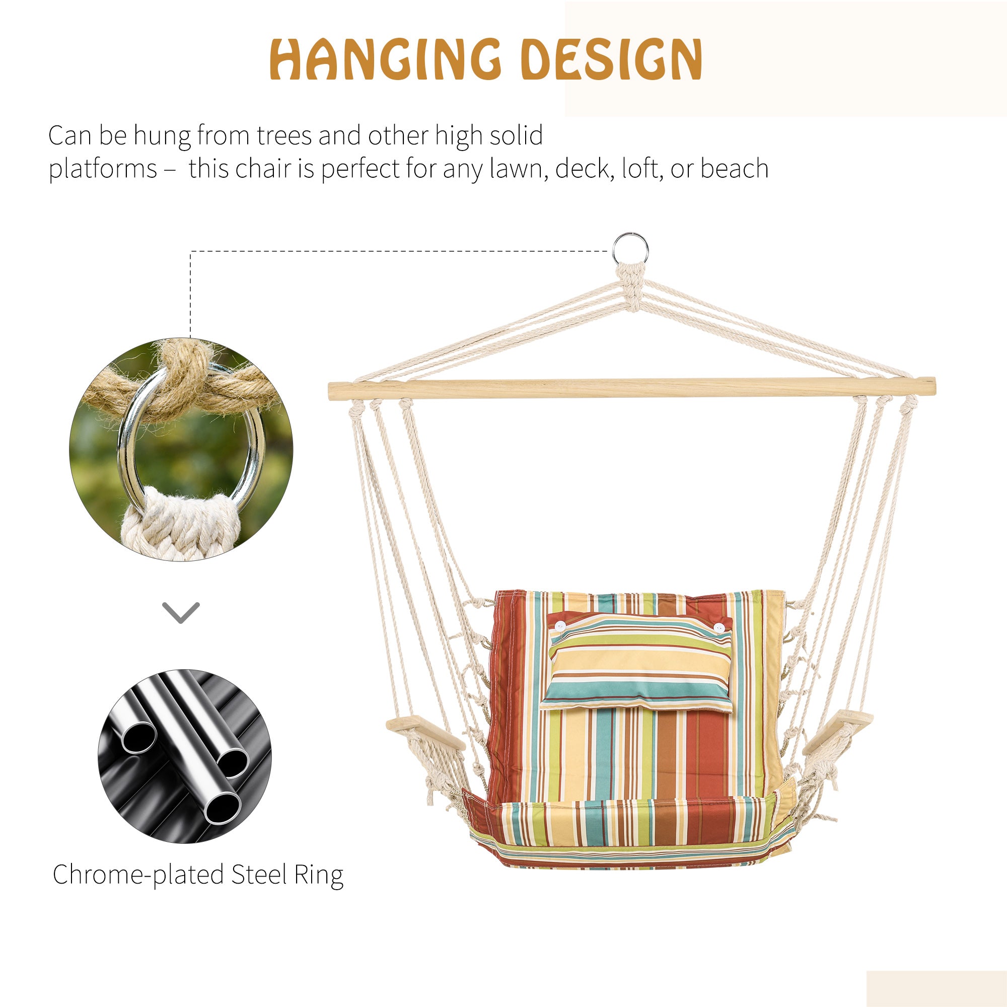 Kozy Hanging Hammock Chair Swing Chair Thick Rope Frame Safe Wide Seat Indoor Outdoor Home, Patio, Yard, Garde Spot Stylish Multi-Color Stripe