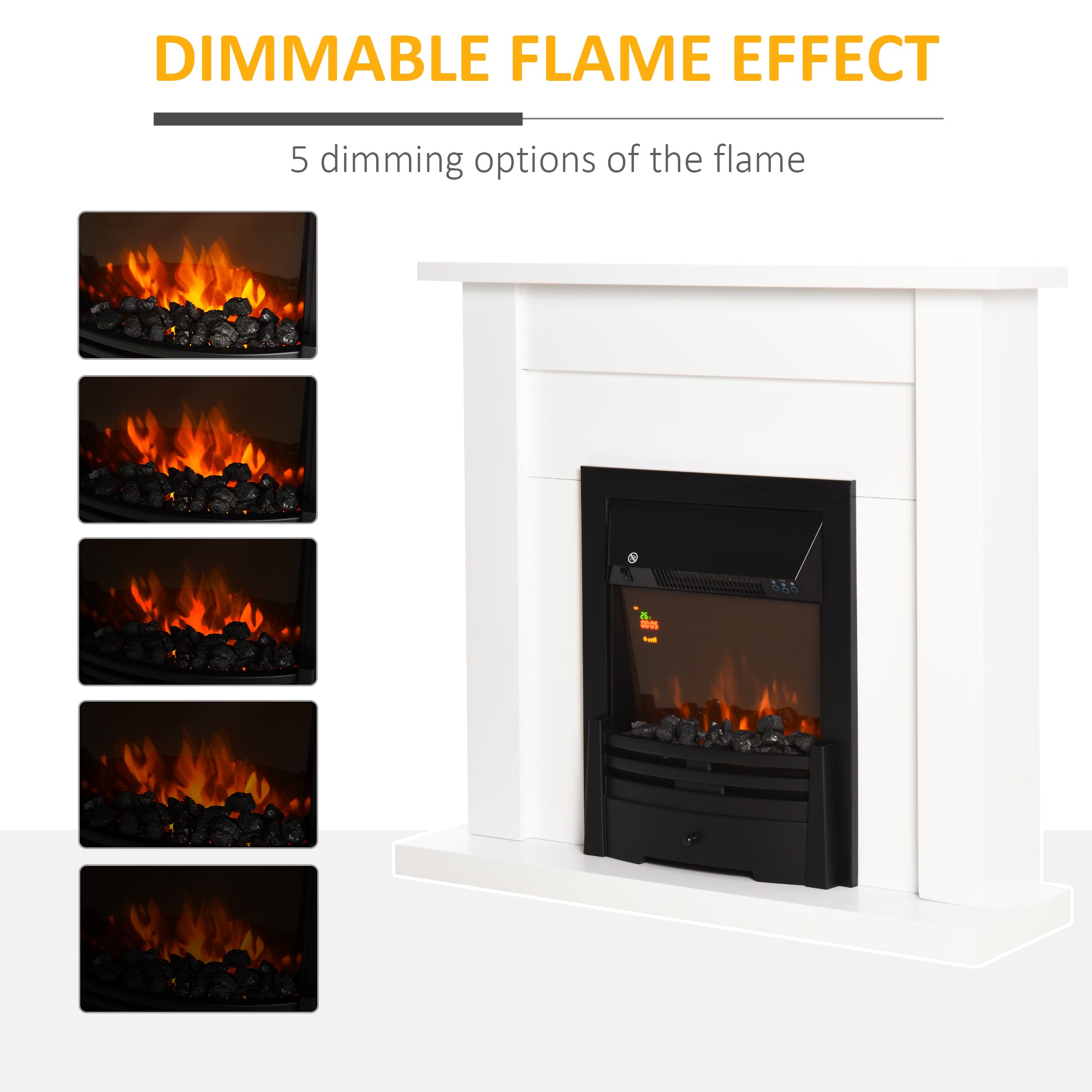 Kozy - Electric Firplace Suites & Mantelpiece w/LED Flames Remote Marble Stone Modern Curved Surround Intelligent Safe Tempered Glass Adjustable Thermal 1000W/2000W