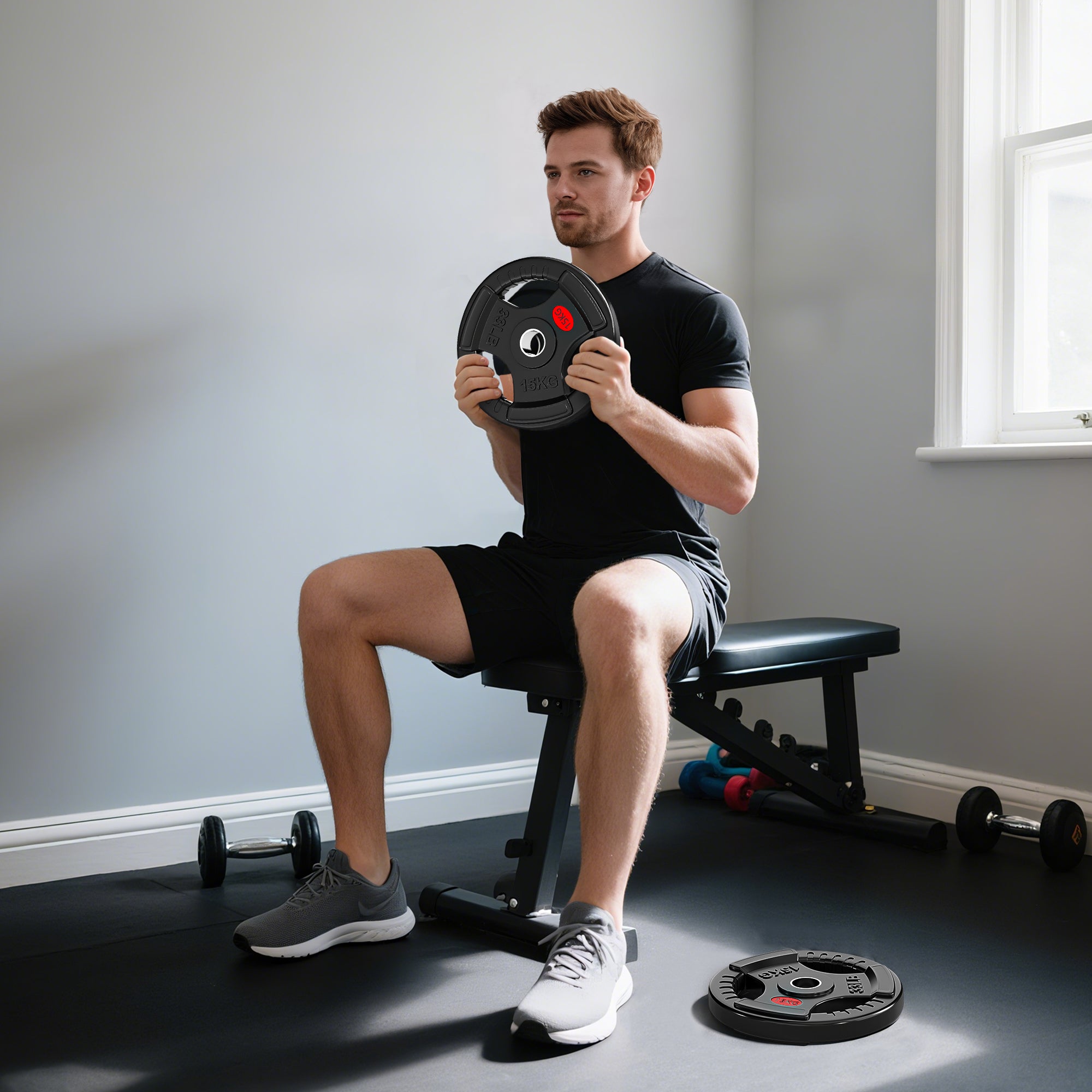 Kozy Olympic Weight Plates, 2"/5cm Weight Disc Pair with Tri-Grips, 2 x 15kg Dumbbell Plates for Weightlifting and Strength Training Home Gym Fitness Workout, Black