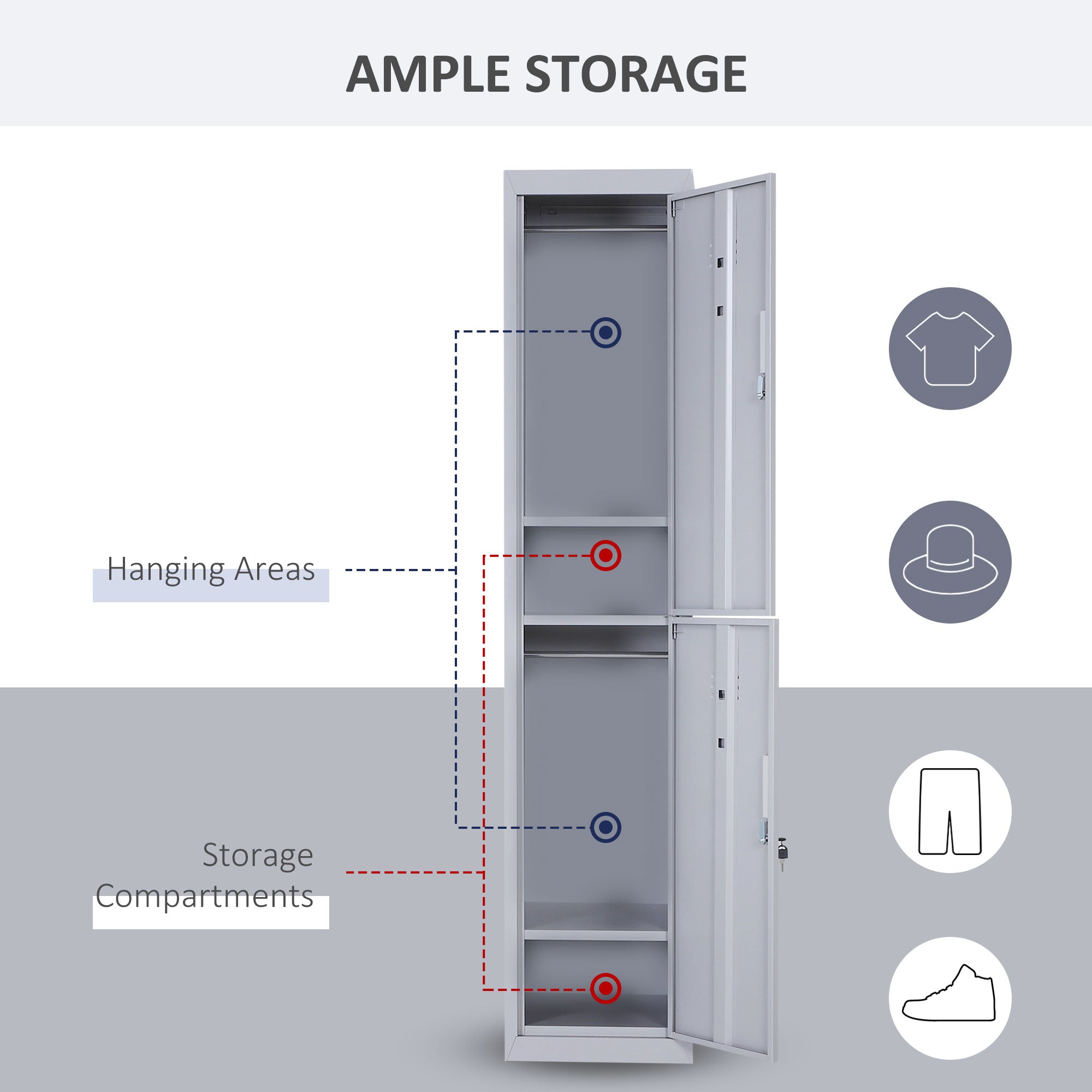 Vinsetto Vertical Locker Cabinet, Cold Rolled Steel Storage with Shelves, Office Cupboard, Grey, 38 x 46 x 180 cm