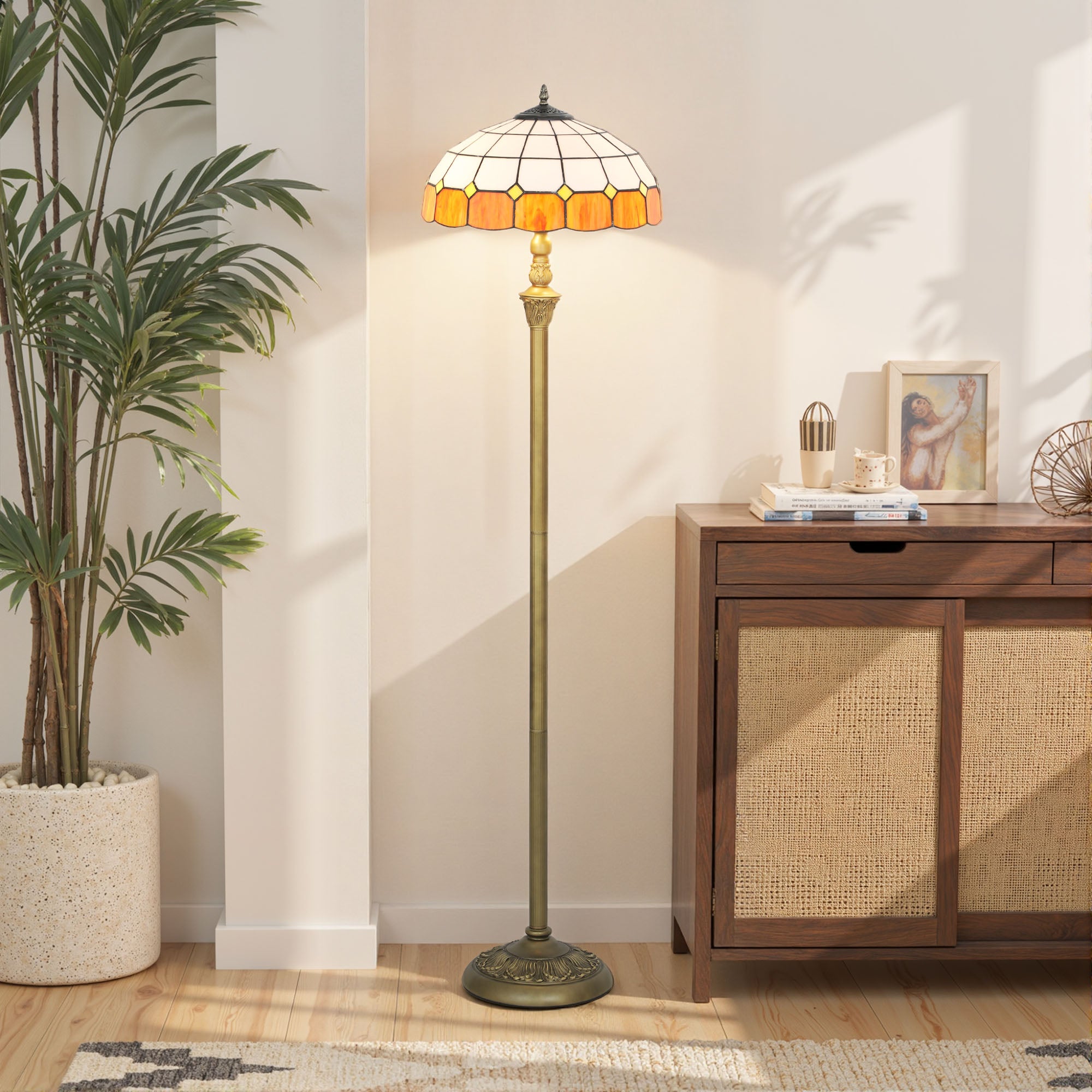 Kozy Tiffany-Style Floor Lamp with Handcrafted Stained Glass Shade, 152cm Tall Vintage Standing Lamp with Foot Switch and Dual Sockets for Living Room Bedroom, Bronze Tone and Orange
