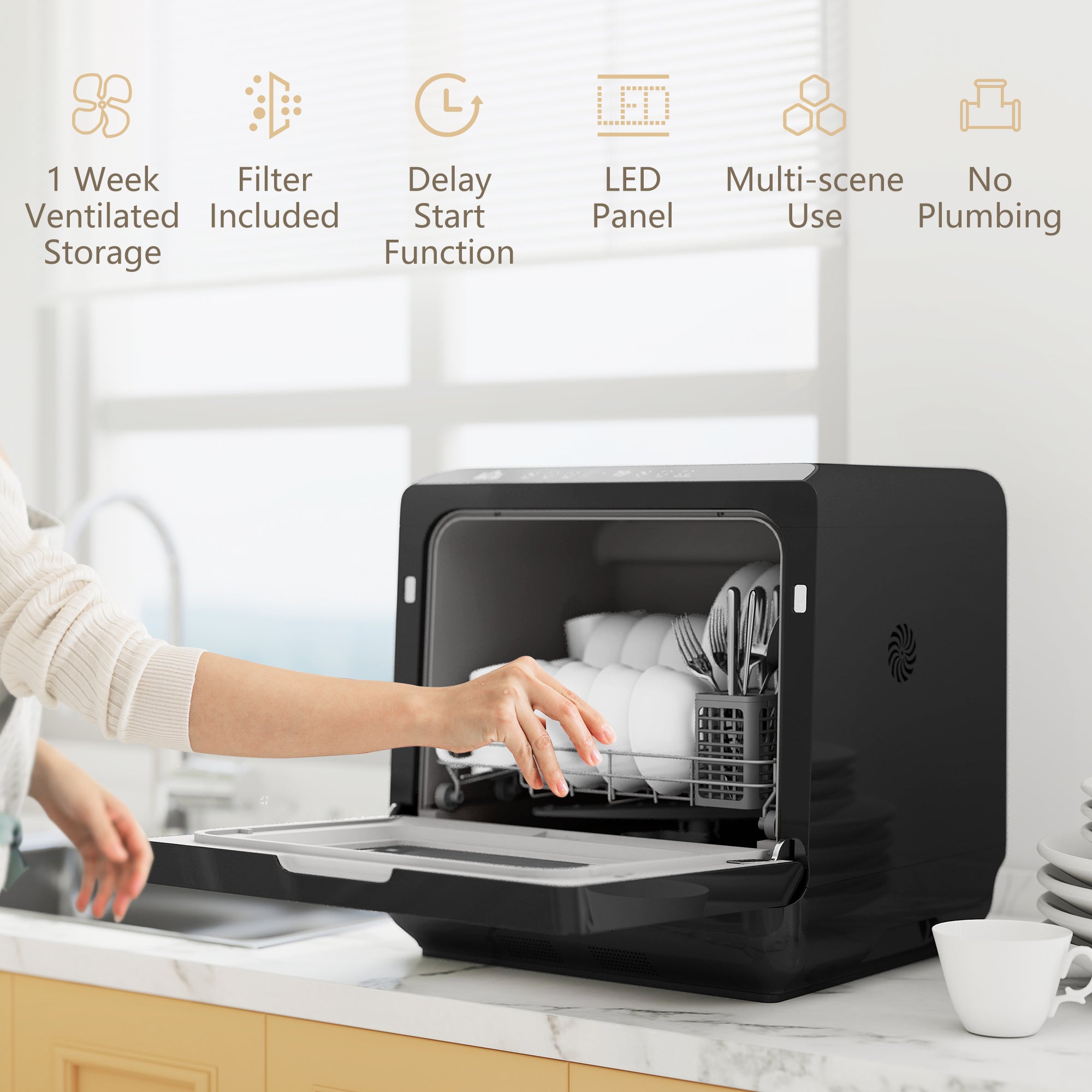 Kozy - Table Top Dishwasher with Built-in 6L Water Tank, Mini Countertop Dishwasher with 6 Programs, 4 Place Settings, Black