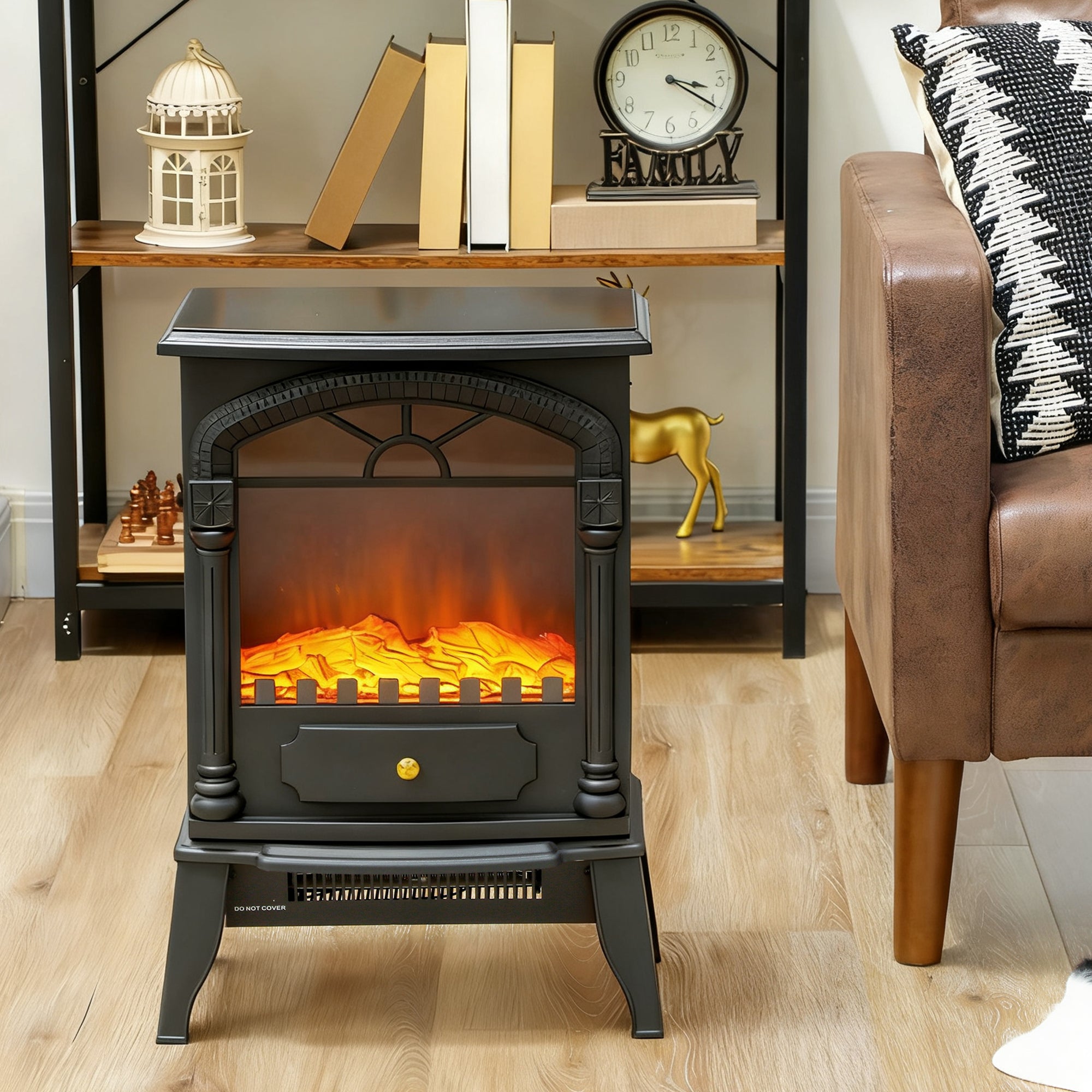 Kozy - Electric Fireplace Stove Heater with 3D Flame Effect, 2000W/1000W, Freestanding Portable Fireplace with Adjustable Thermostat, 2 Heat Settings for Living Room, Black